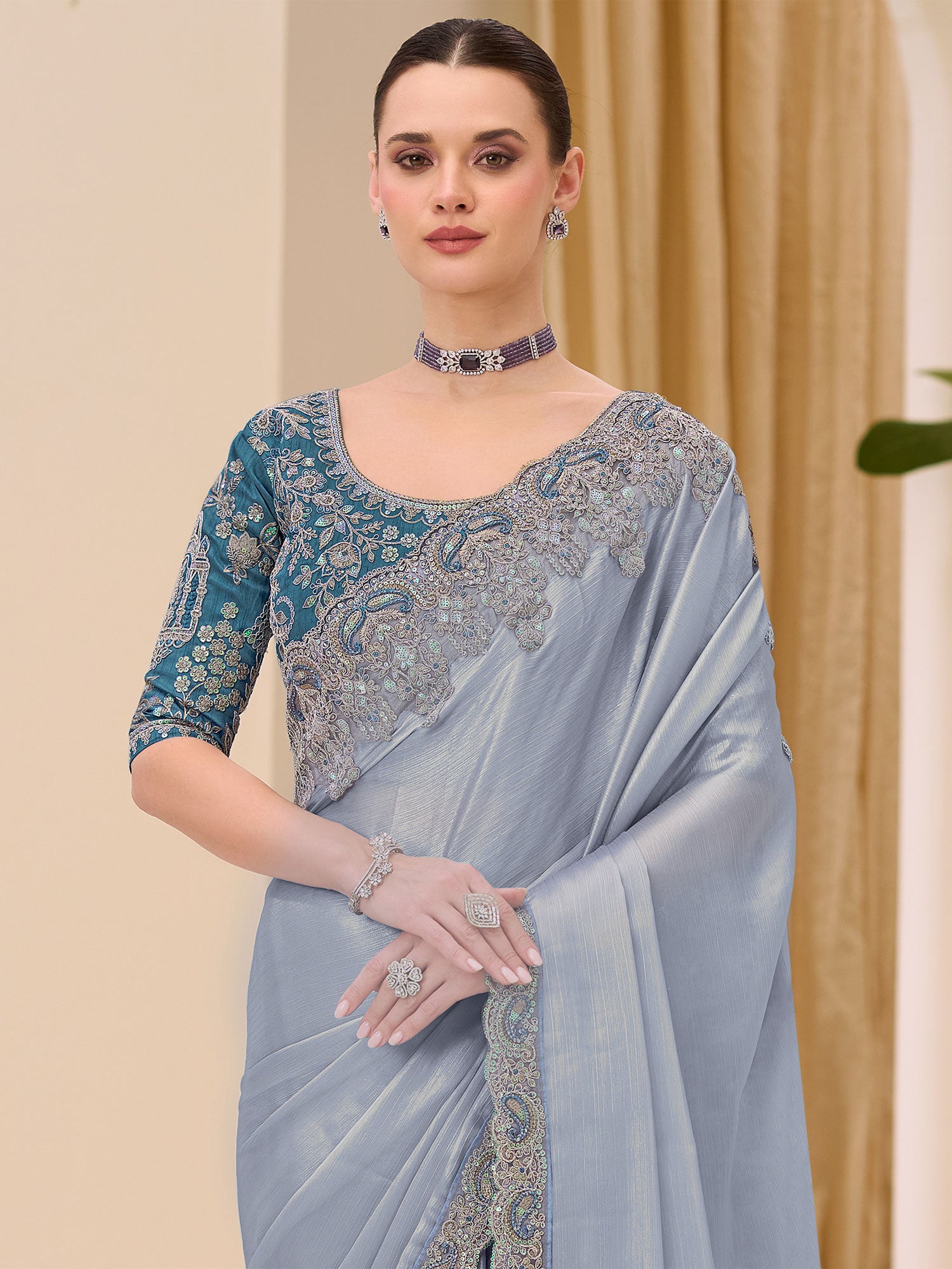 Stone Blue Zari Work Bridesmaid Saree In Satin
