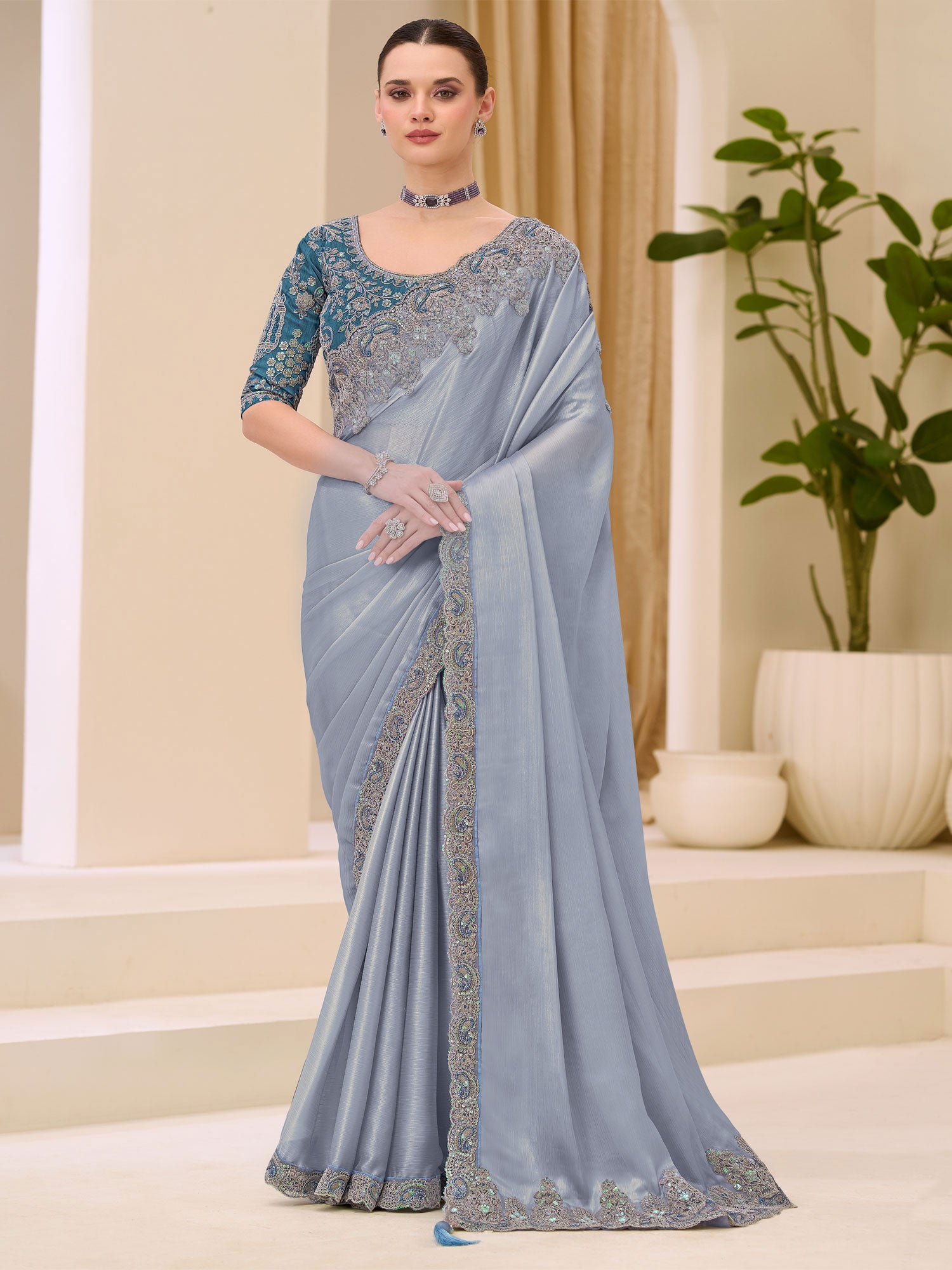 Stone Blue Zari Work Bridesmaid Saree In Satin