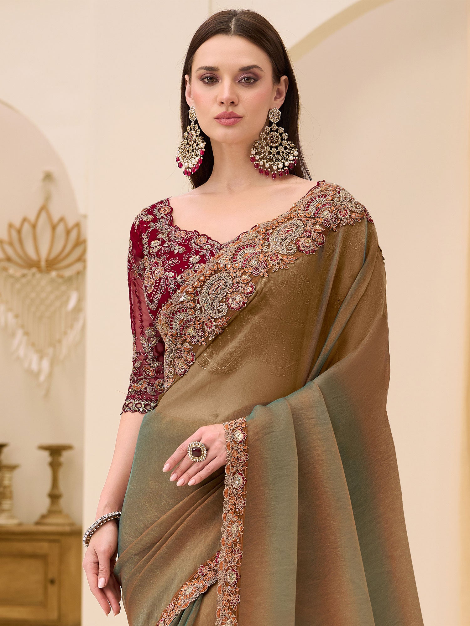 Brown Heavy Sequins Work Party Saree In Silk