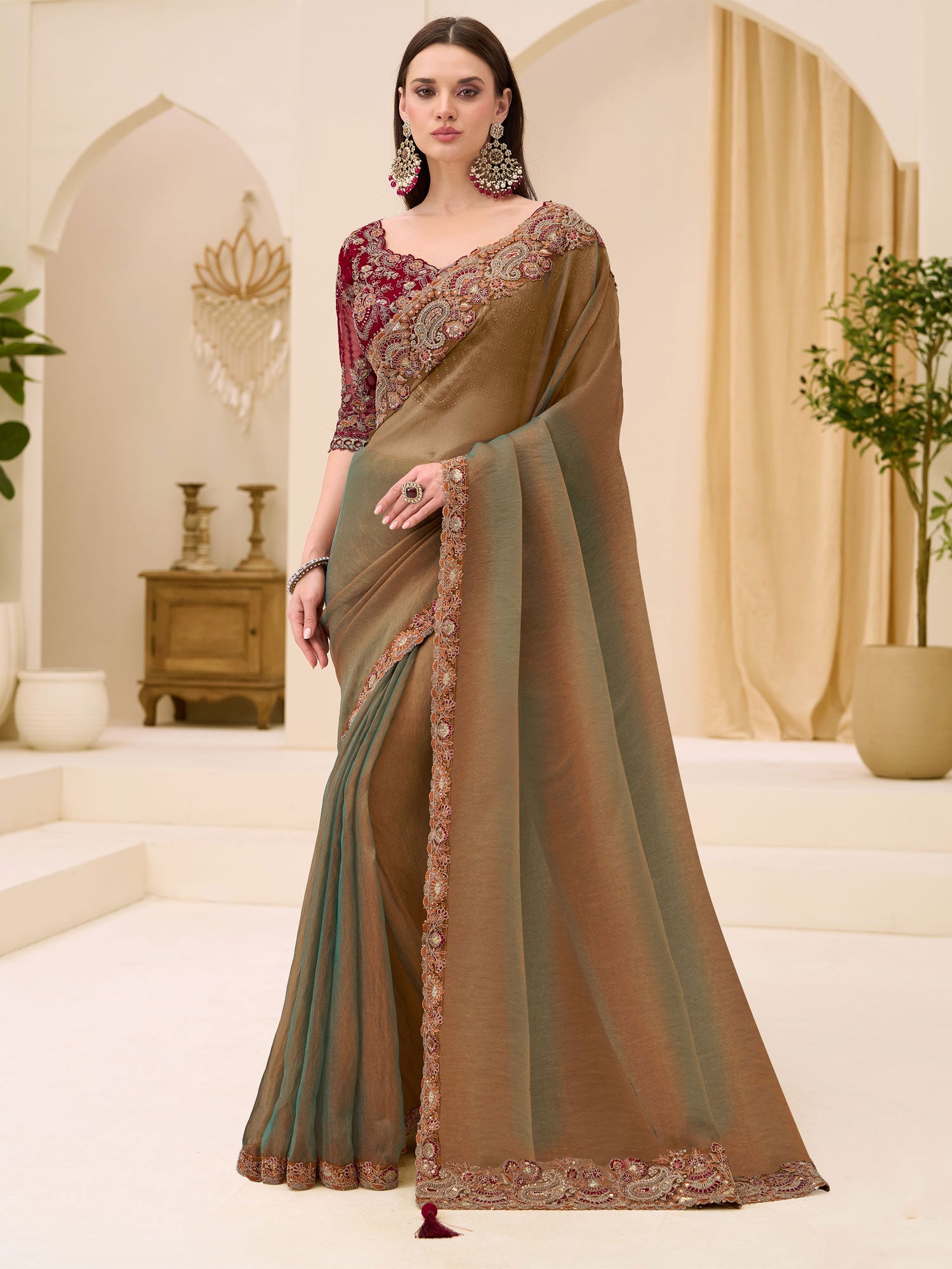 Brown Heavy Sequins Work Party Saree In Silk