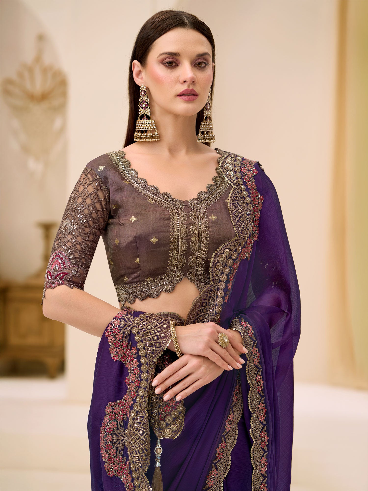 Voilete Purple Wedding Saree With Heavy Borders