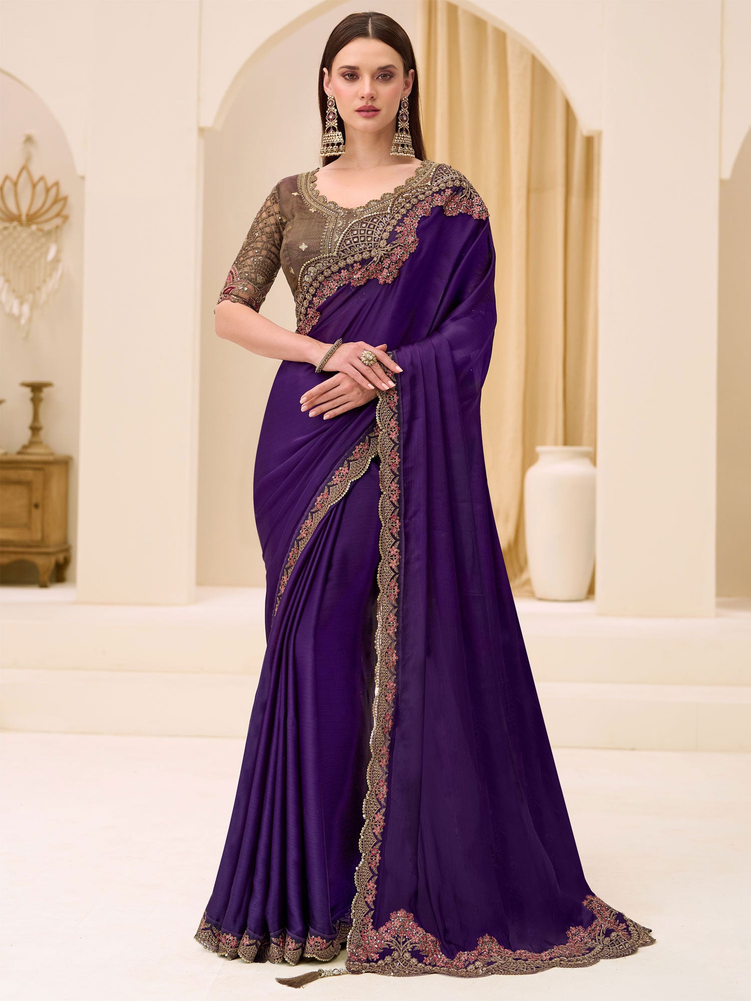 Voilete Purple Wedding Saree With Heavy Borders