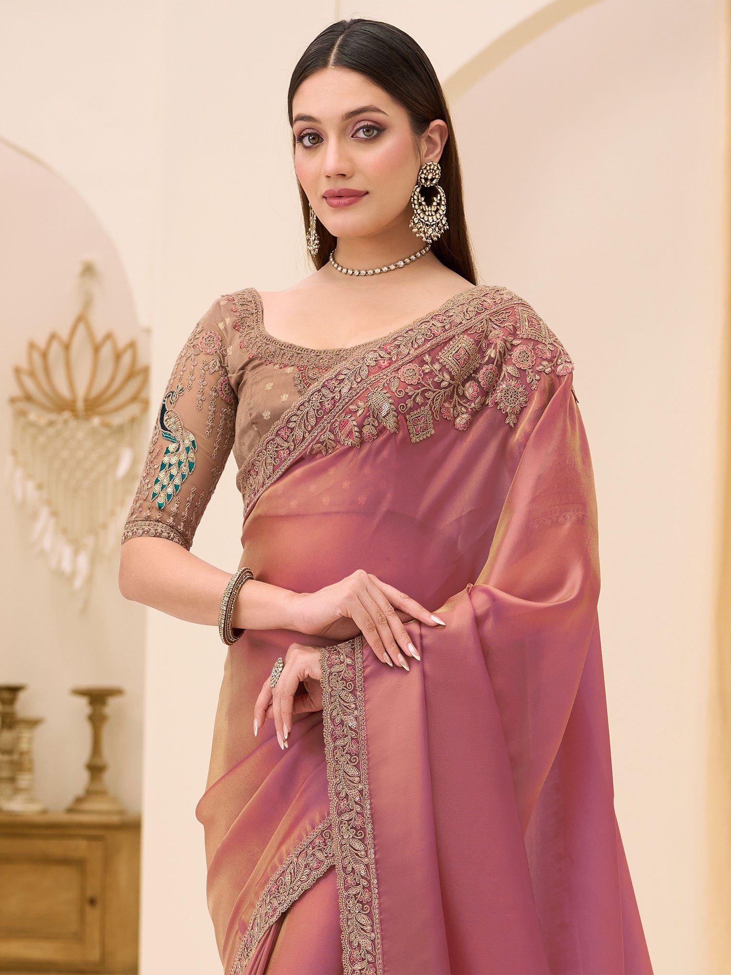 Pink Georgette Saree With Embroidered Pallu