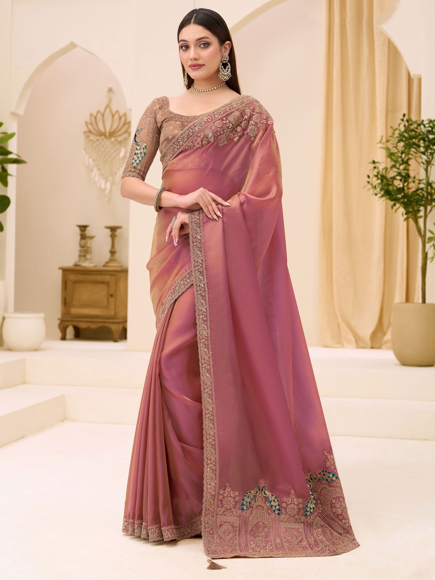 Pink Georgette Saree With Embroidered Pallu