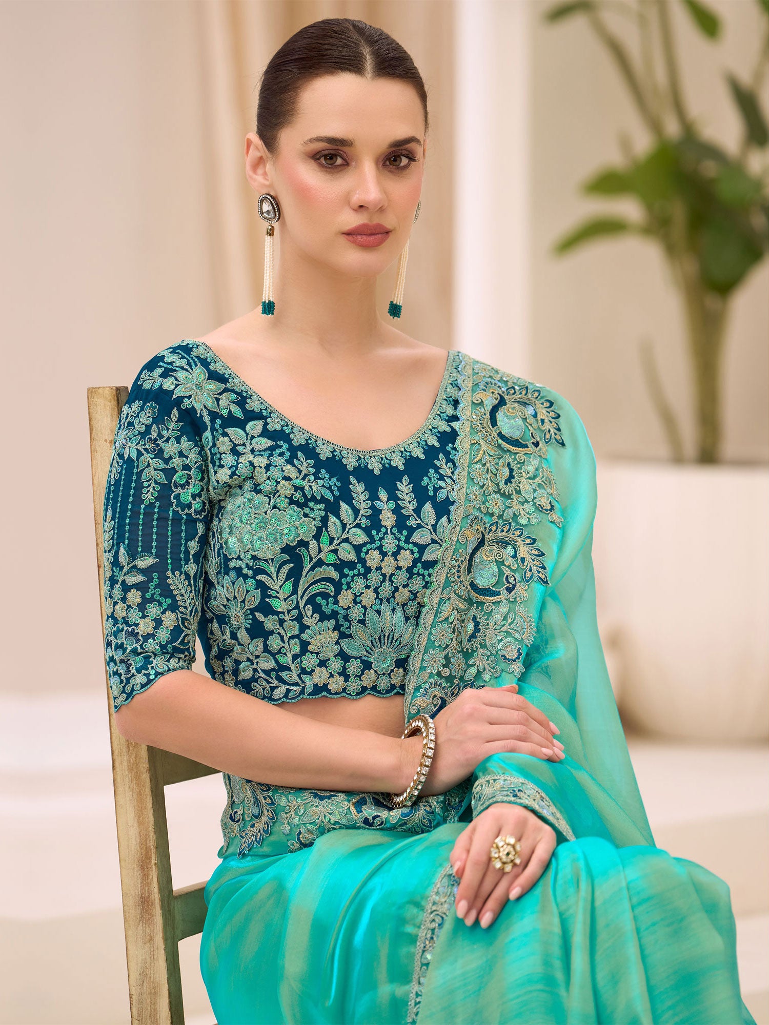 Turquoise Party Saree With Embroidered Borders