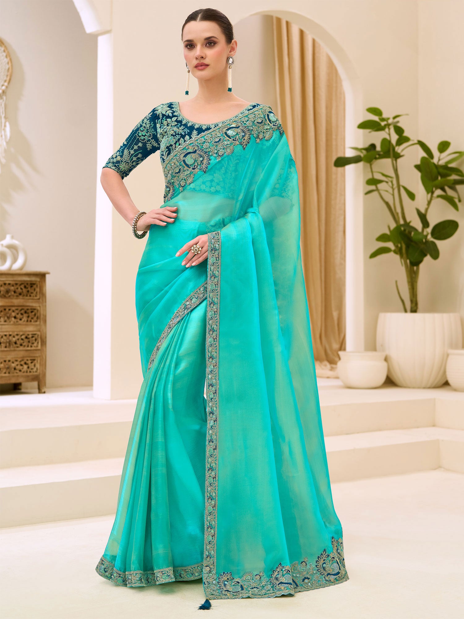 Turquoise Party Saree With Embroidered Borders