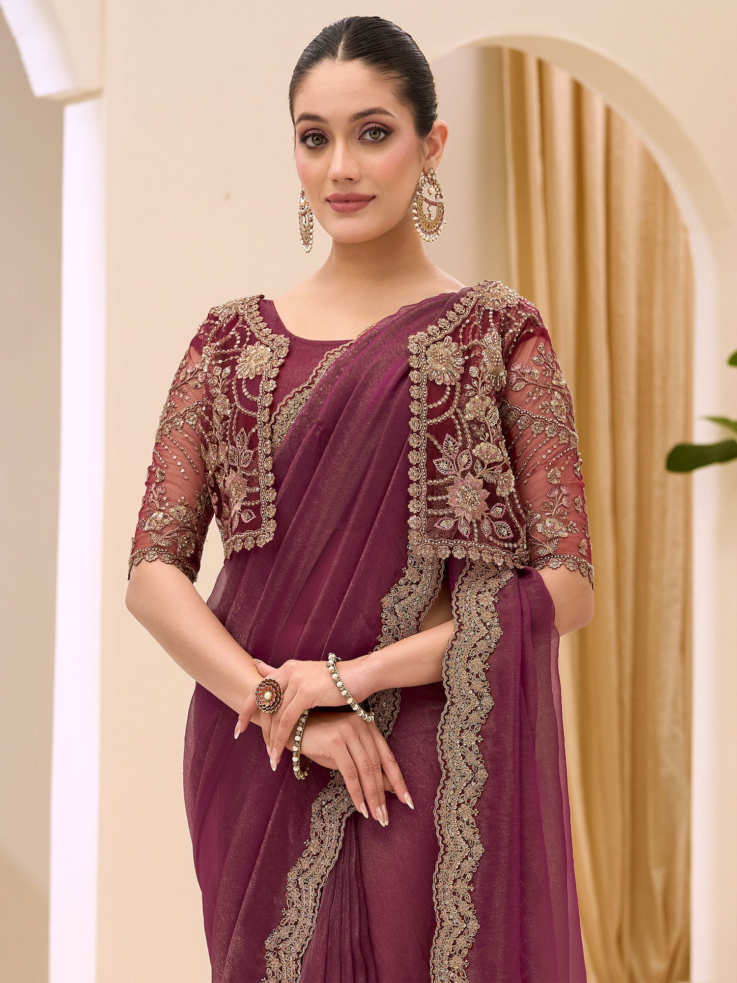 Dark Mauve Georgette Saree In Zari Embroidery