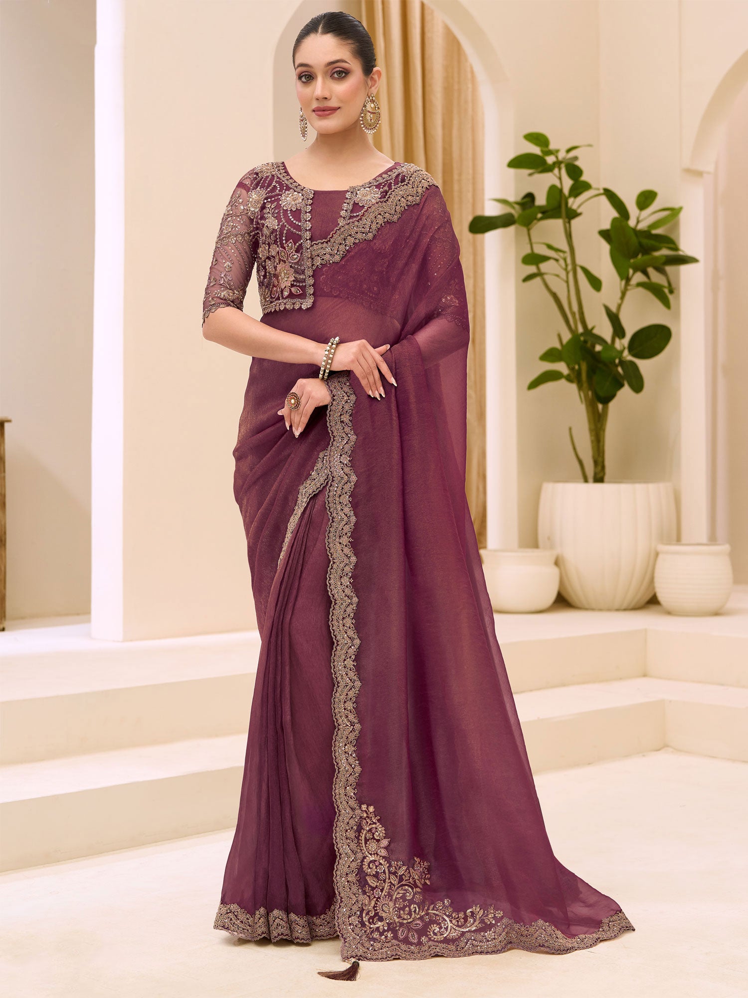 Dark Mauve Georgette Saree In Zari Embroidery