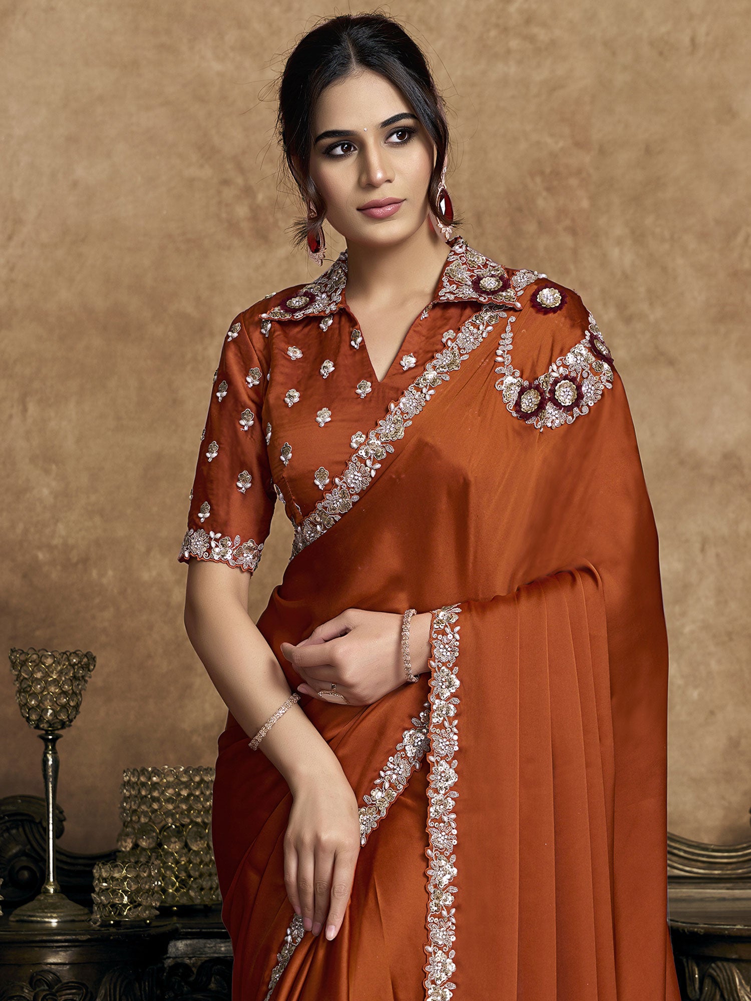 Dark Rust Moti Work Party Saree In Satin Silk
