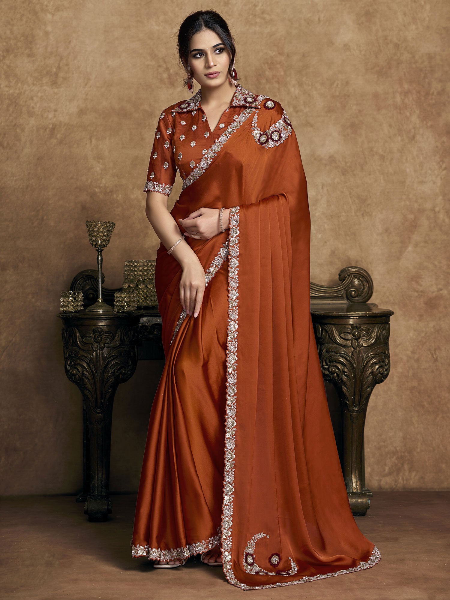 Dark Rust Moti Work Party Saree In Satin Silk