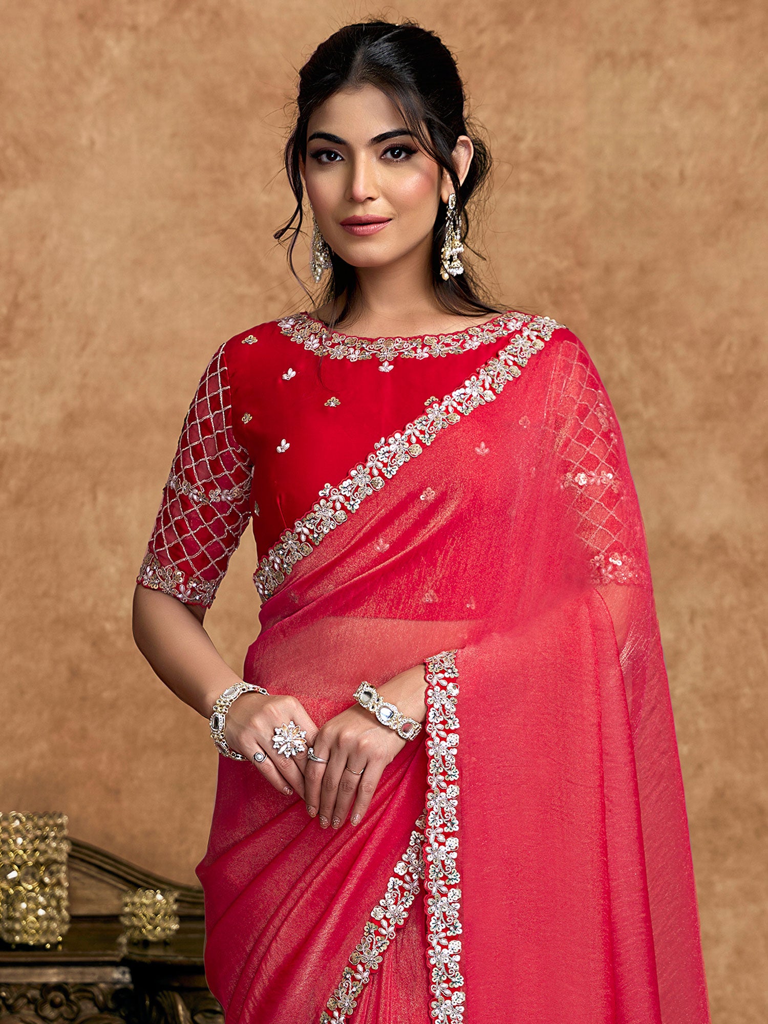 Pink Wedding Saree With Sequins Work Borders