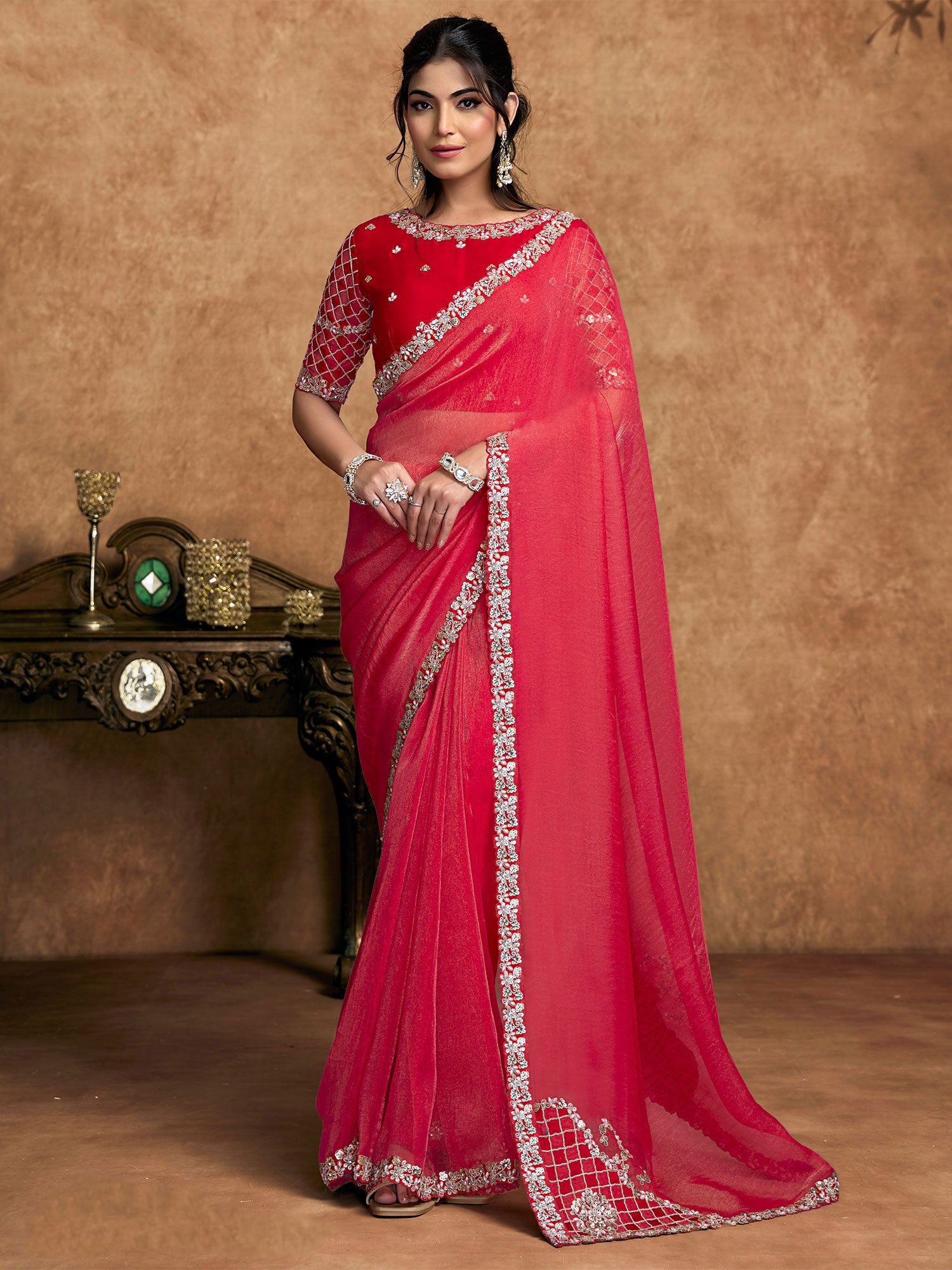 Pink Wedding Saree With Sequins Work Borders