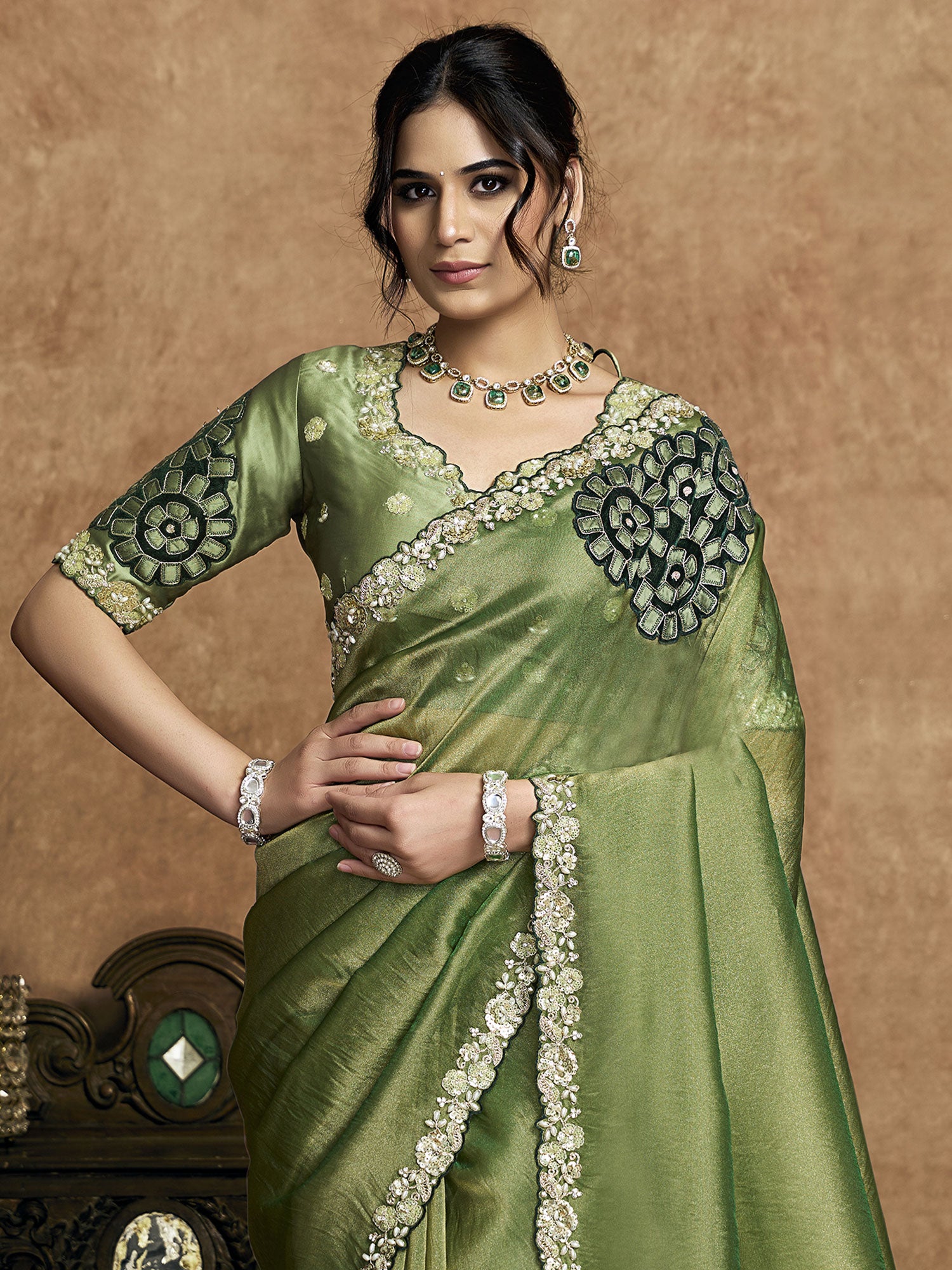 Green Bridesmaid Saree In Organza Satin