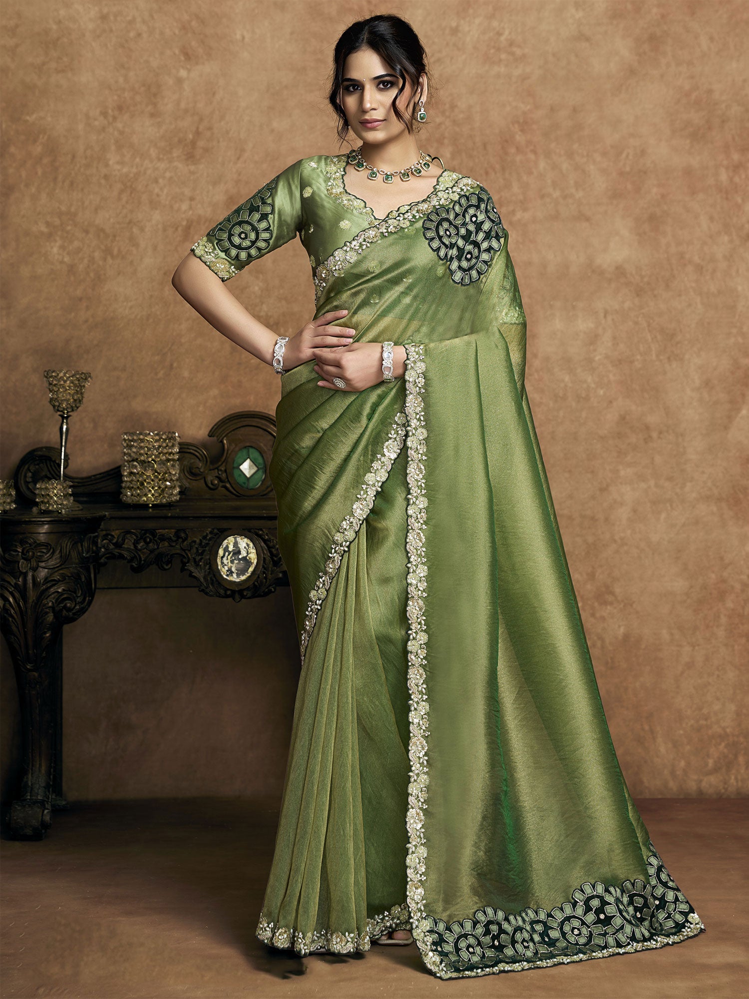 Green Bridesmaid Saree In Organza Satin