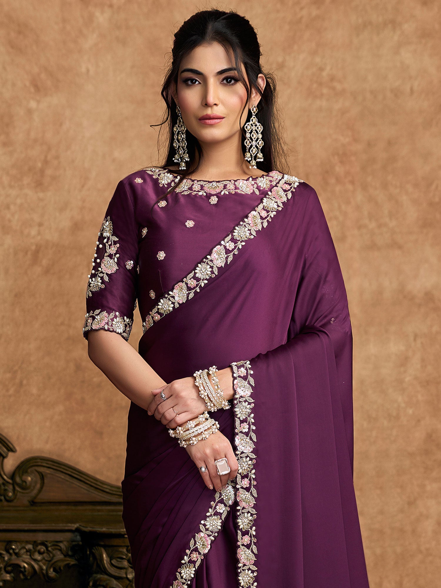 Deep Purple Satin Silk Saree In Sequins Work
