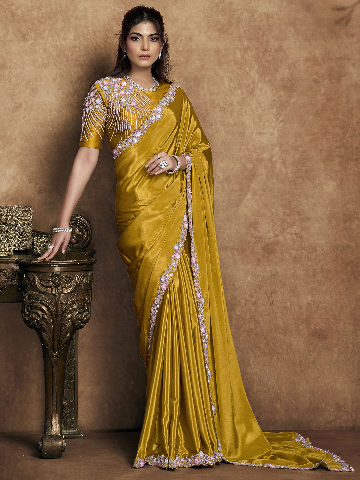 Yellow Crepe Saree With Embroidered Blouse