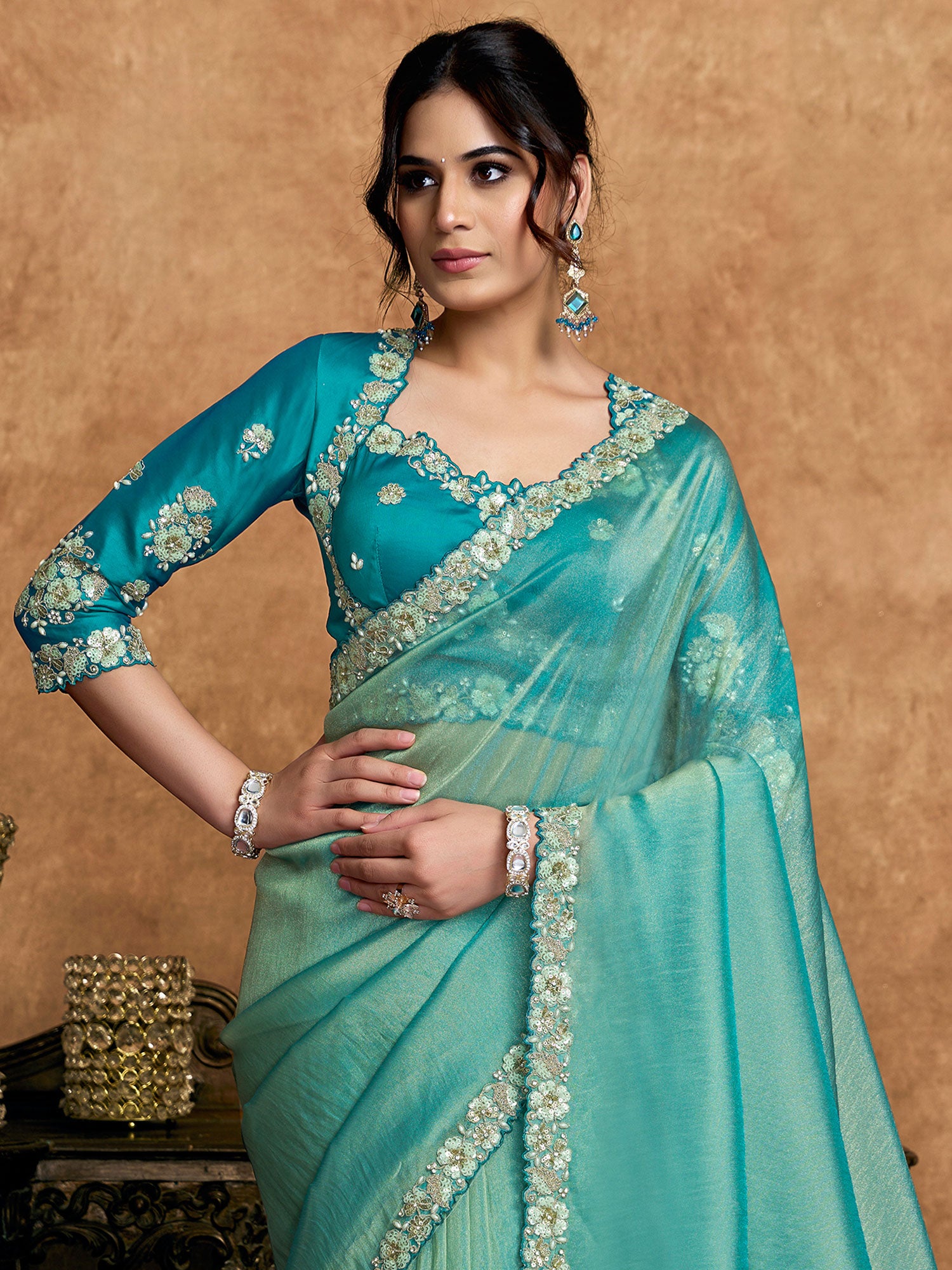 Blue Organza Satin Wedding Saree With Blouse