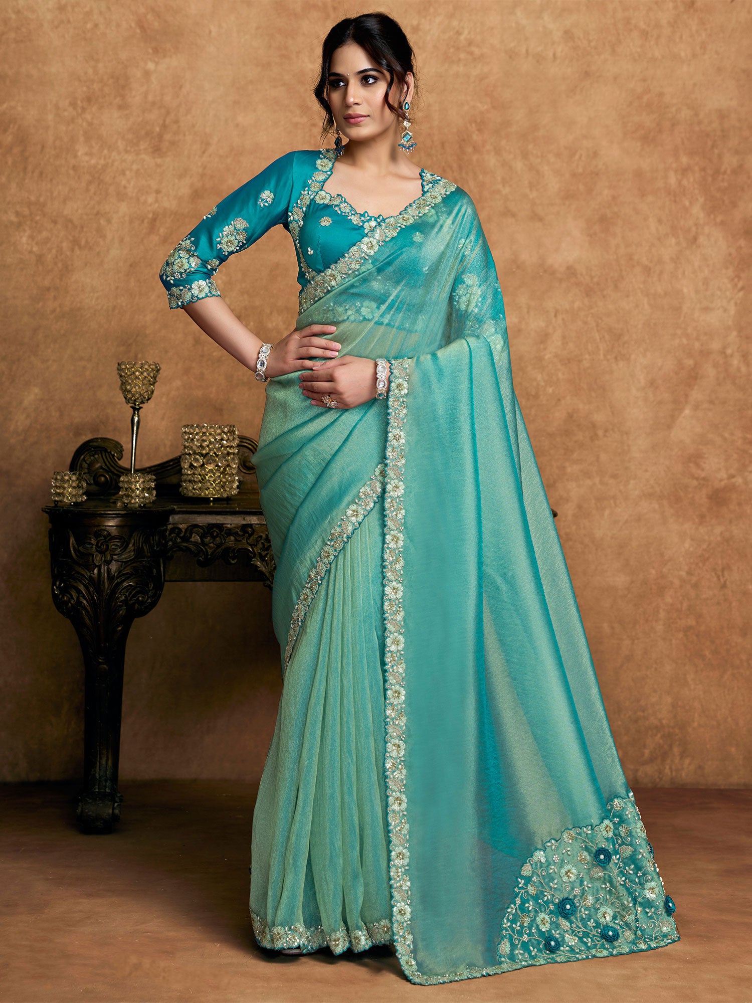 Blue Organza Satin Wedding Saree With Blouse