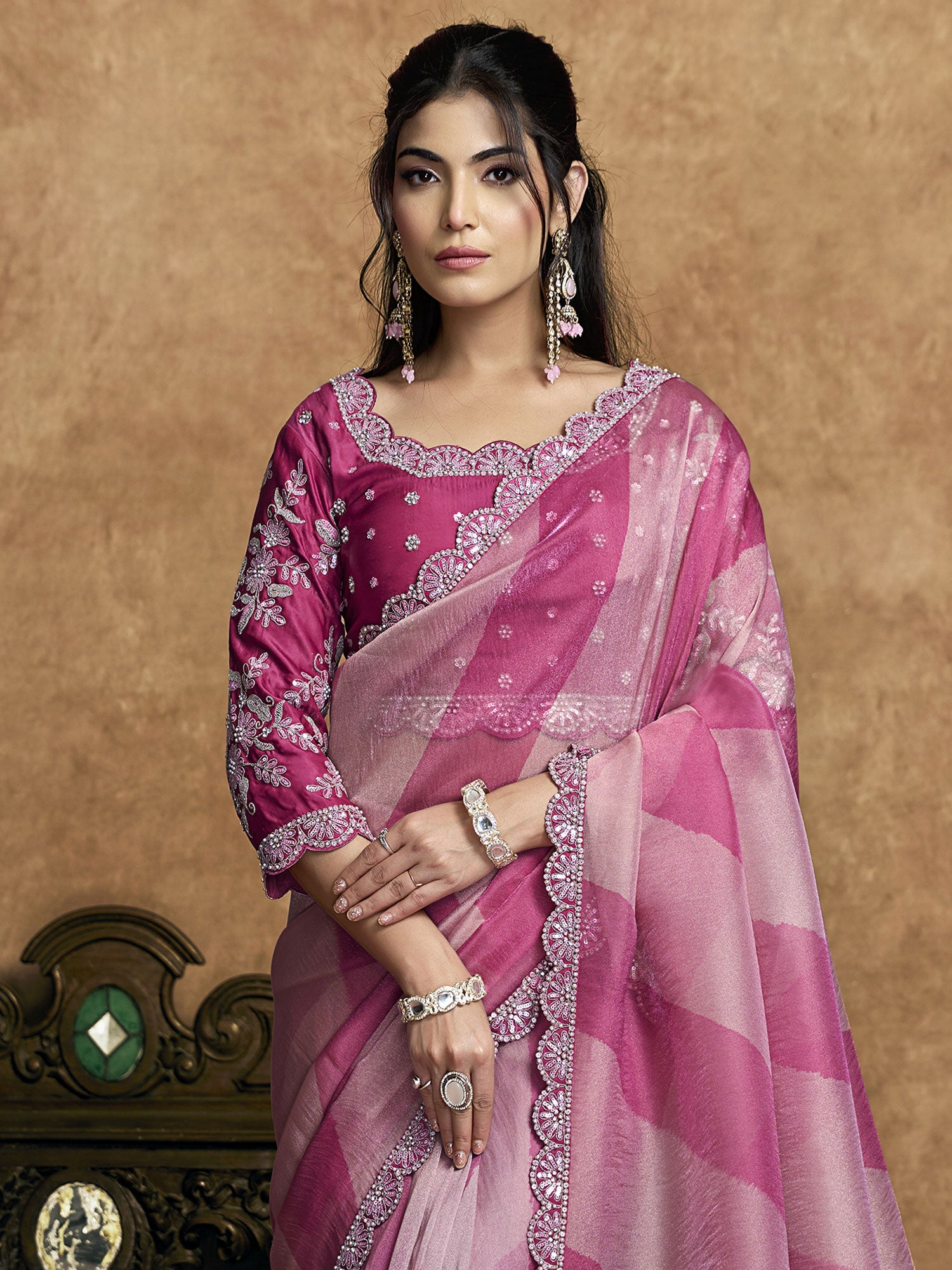 Pink Party Wear Satin Saree In Floral Work