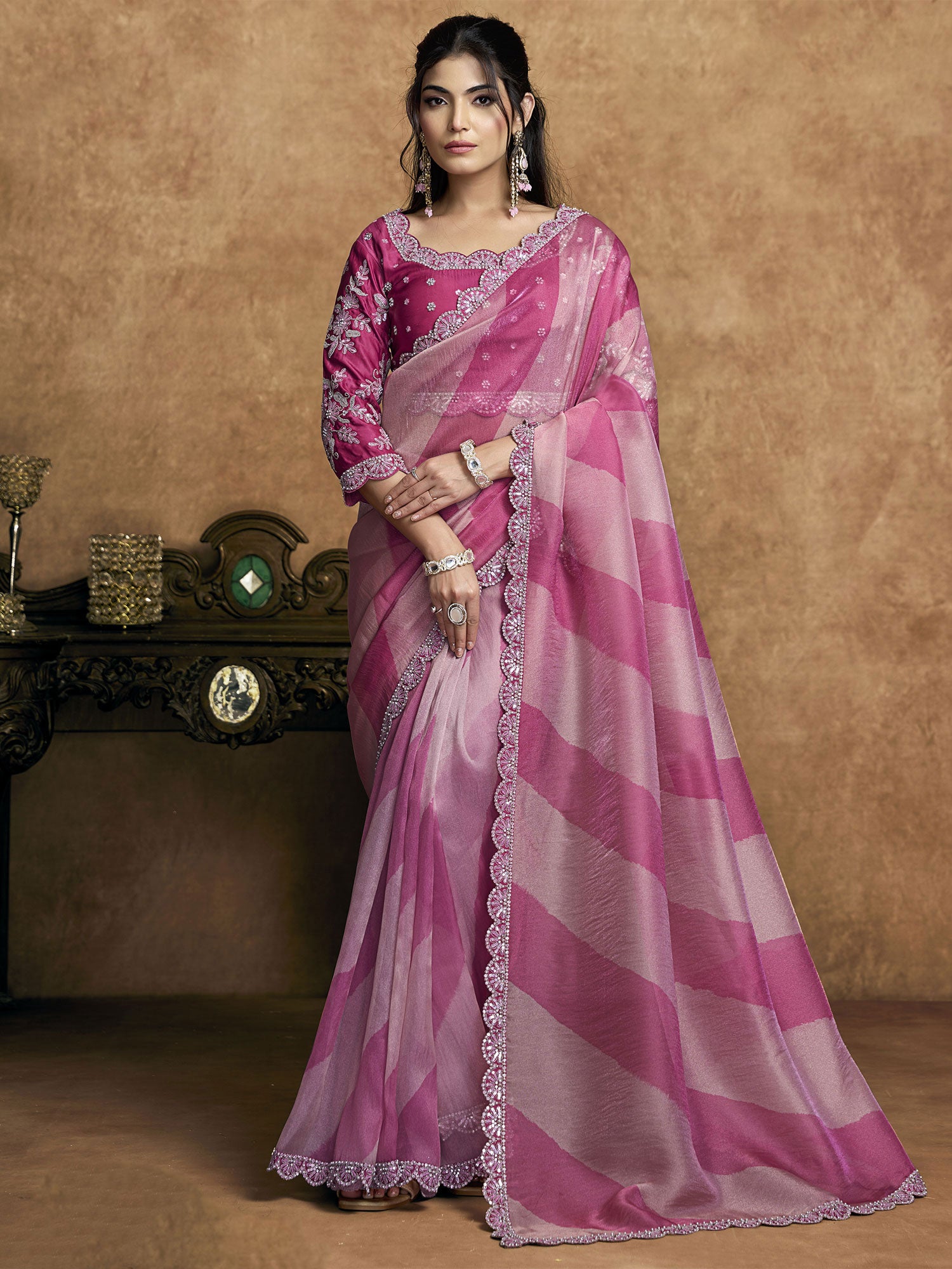 Pink Party Wear Satin Saree In Floral Work