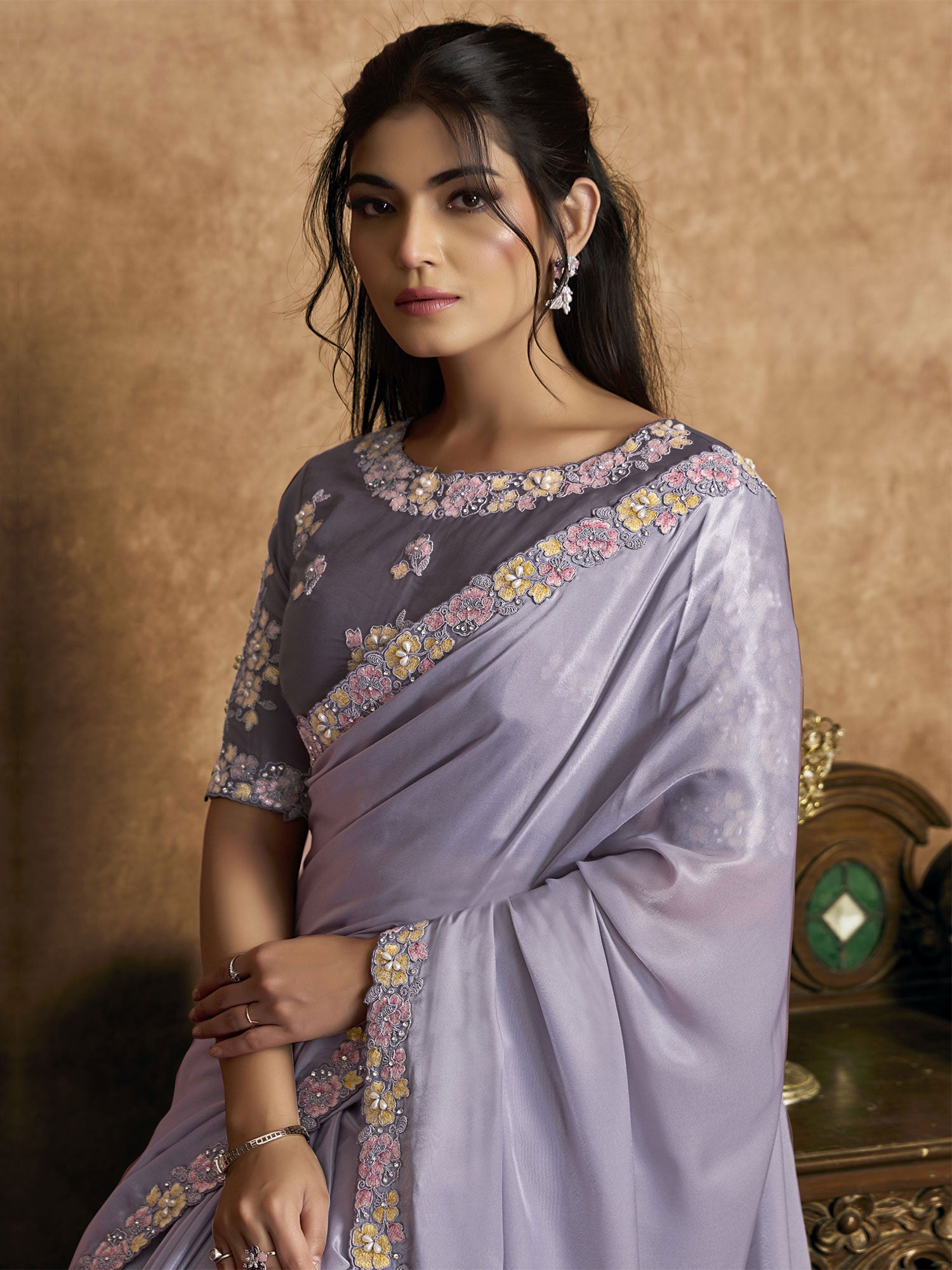 Light Purple Embroidered Saree In Crepe Satin