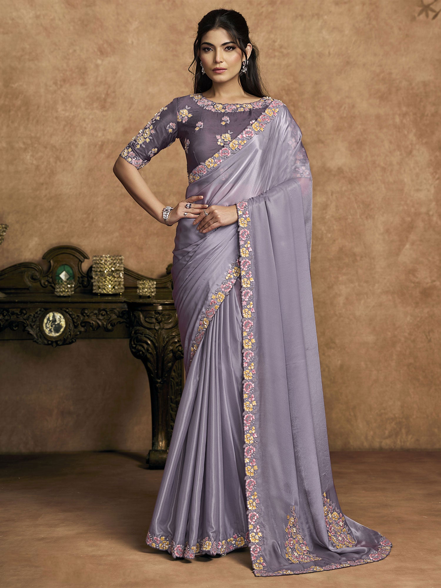Light Purple Embroidered Saree In Crepe Satin