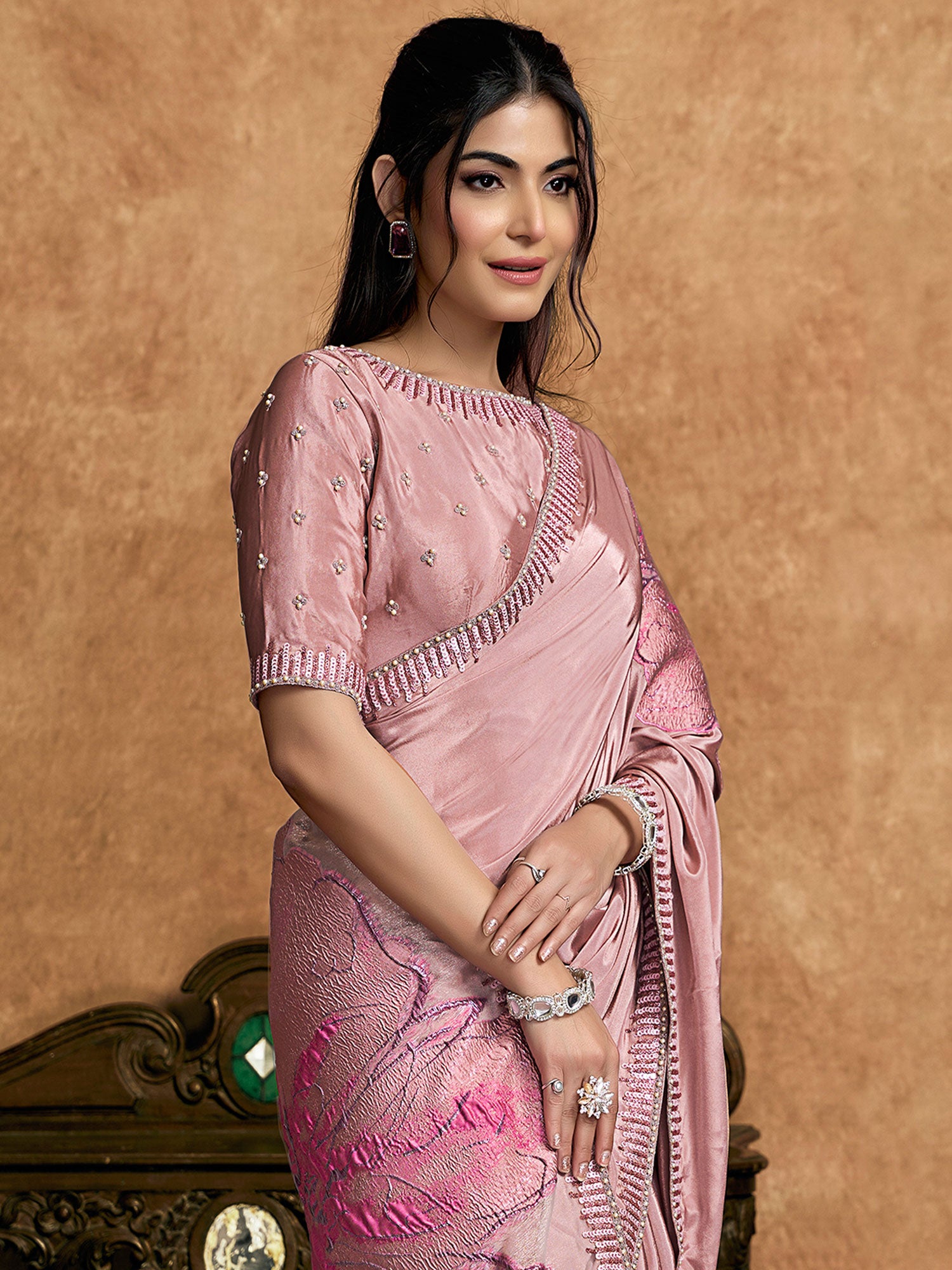 Pink Hand Work Embellished Saree In Jacquard