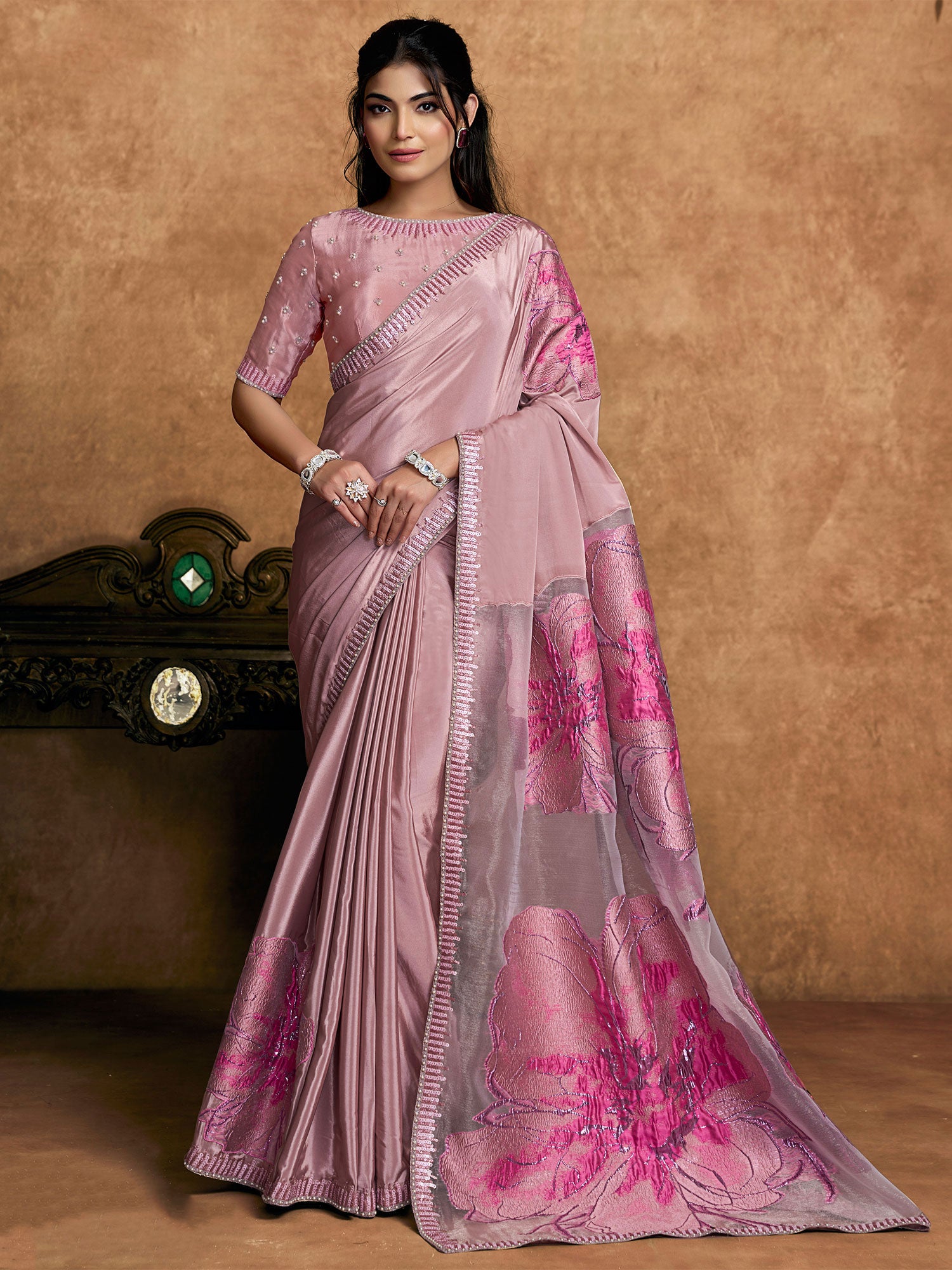 Pink Hand Work Embellished Saree In Jacquard