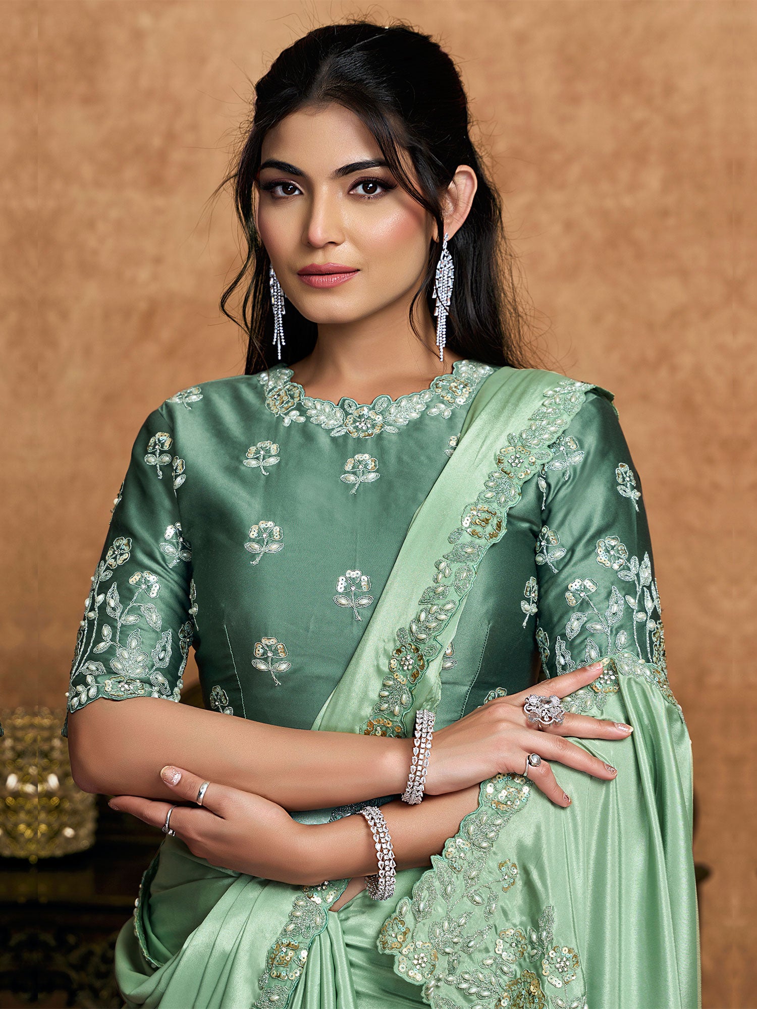 Green Crepe Satin Saree With Floral Borders