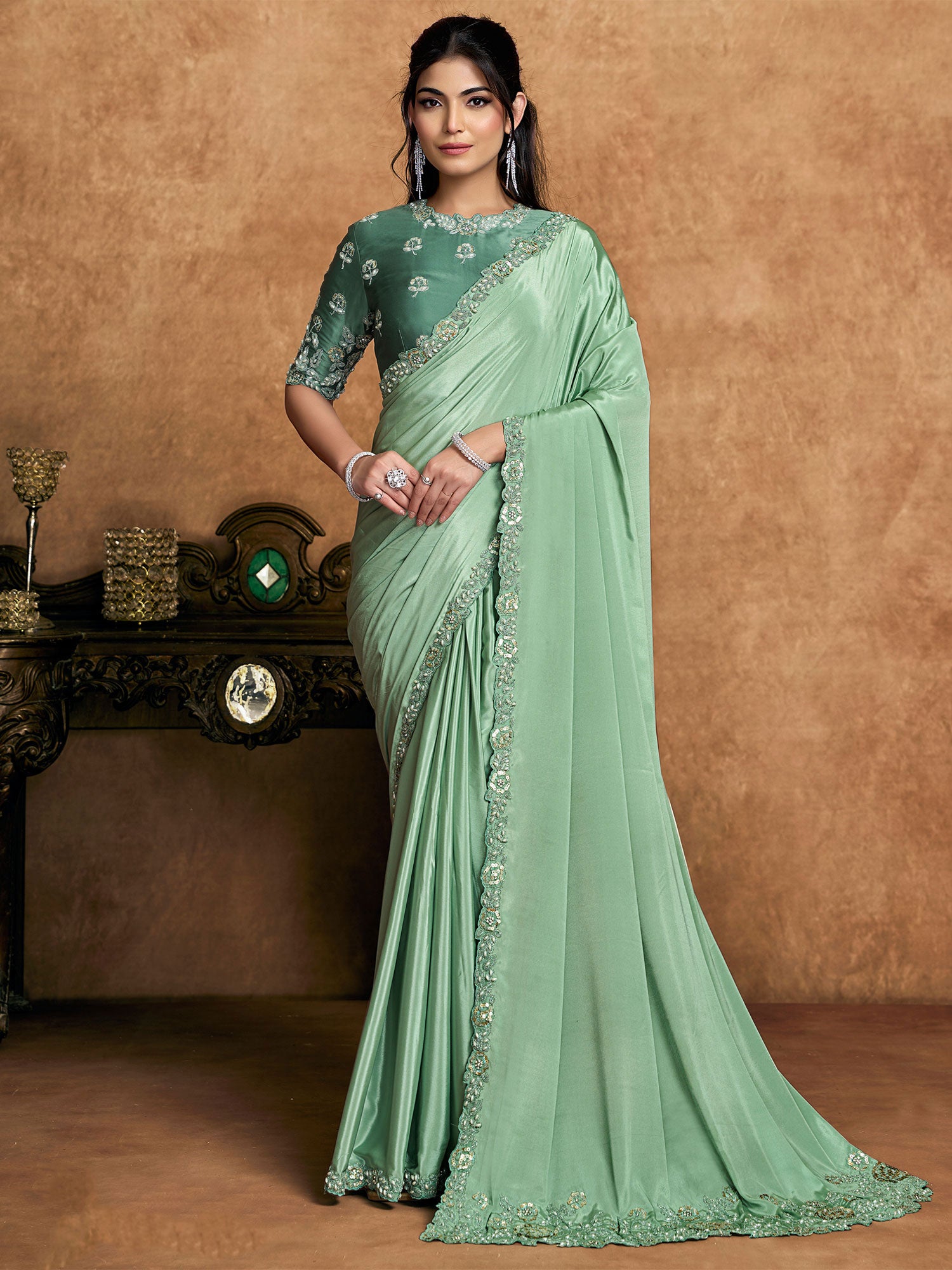 Green Crepe Satin Saree With Floral Borders