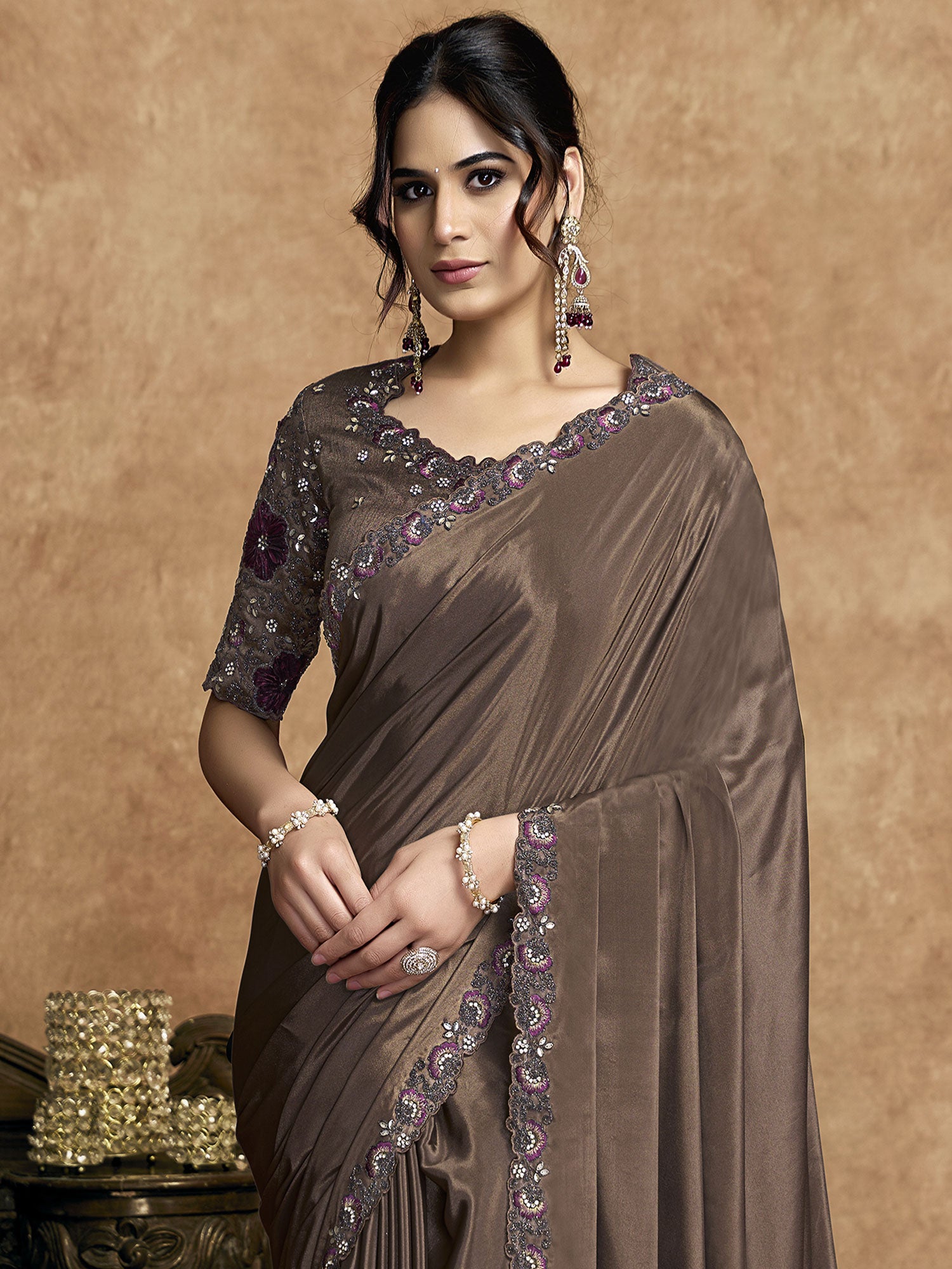 Brown Cocktail Saree With Floral Borders