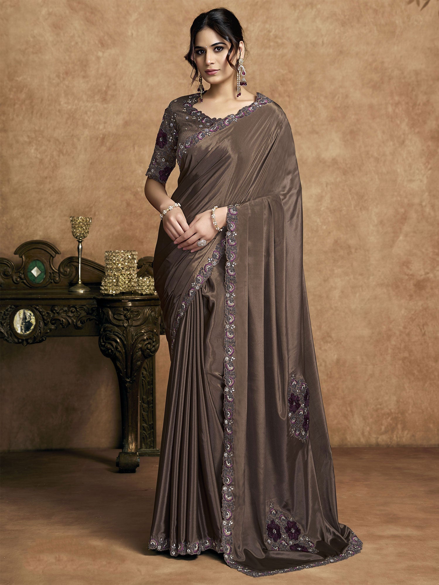 Brown Cocktail Saree With Floral Borders