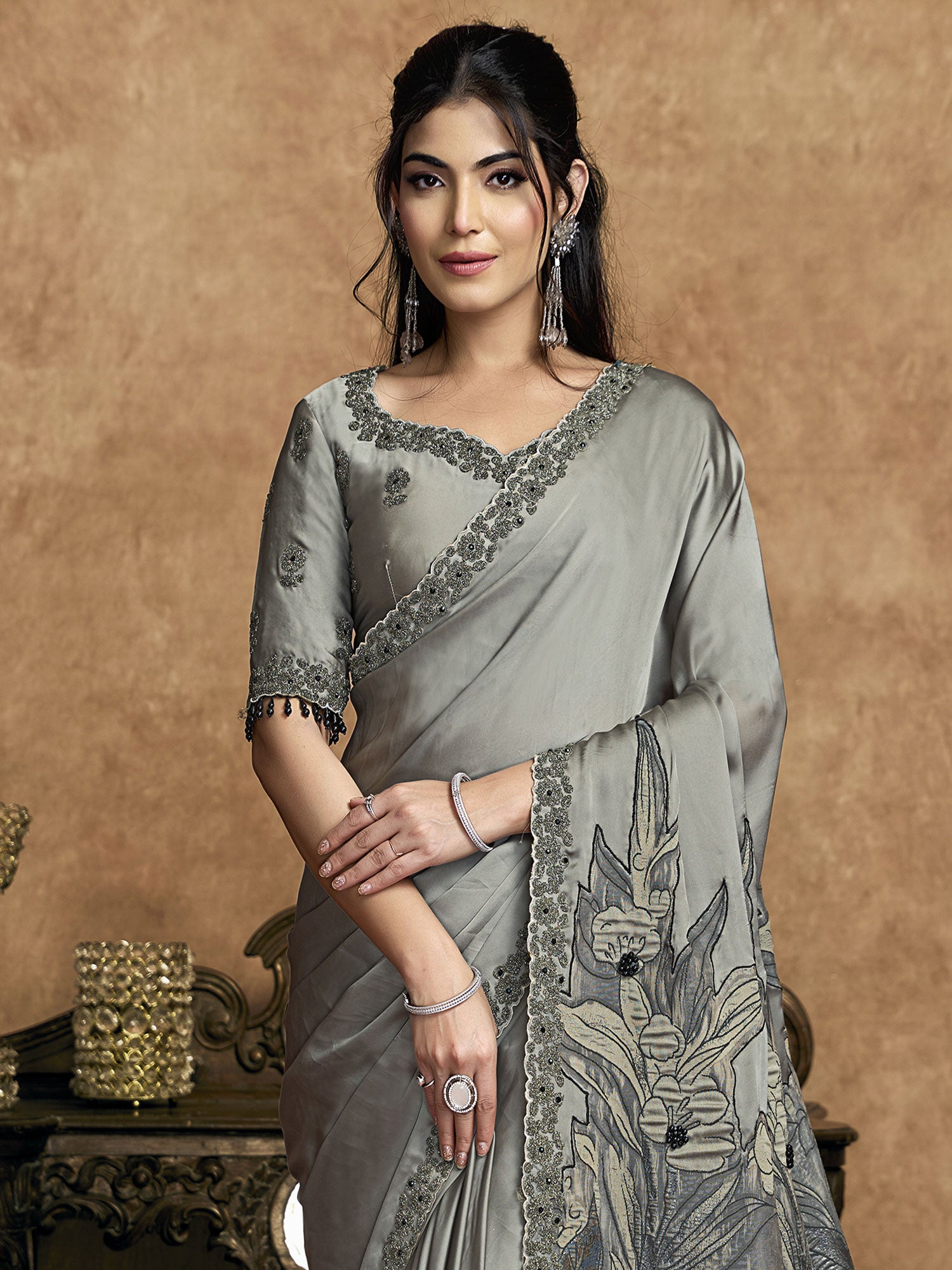 Dark Grey Cocktail Saree With Floral Pallu