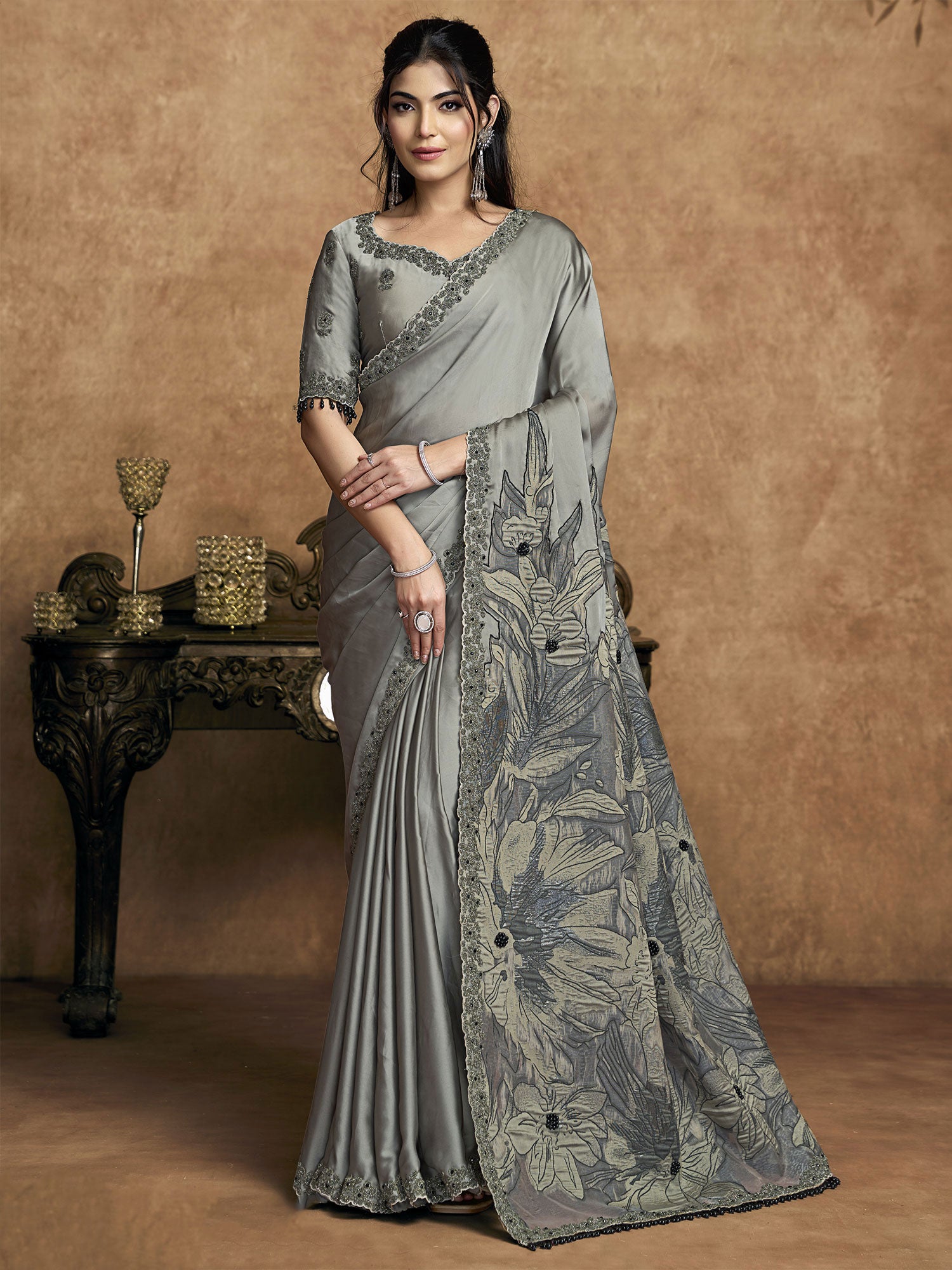 Dark Grey Cocktail Saree With Floral Pallu