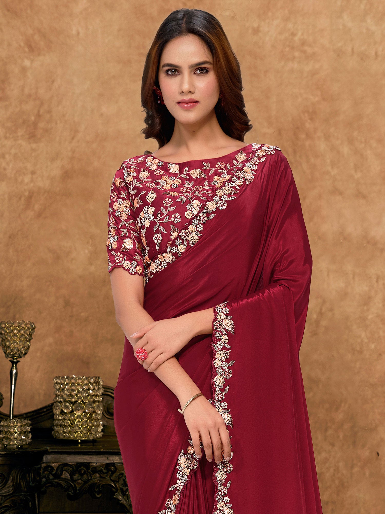 Cherry Red Bridesmaid Saree In Hand Work