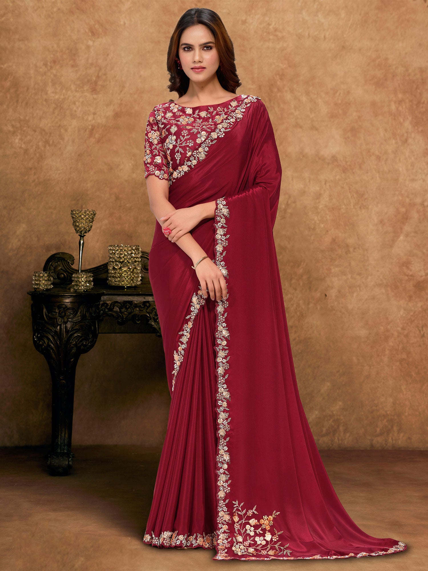 Cherry Red Bridesmaid Saree In Hand Work