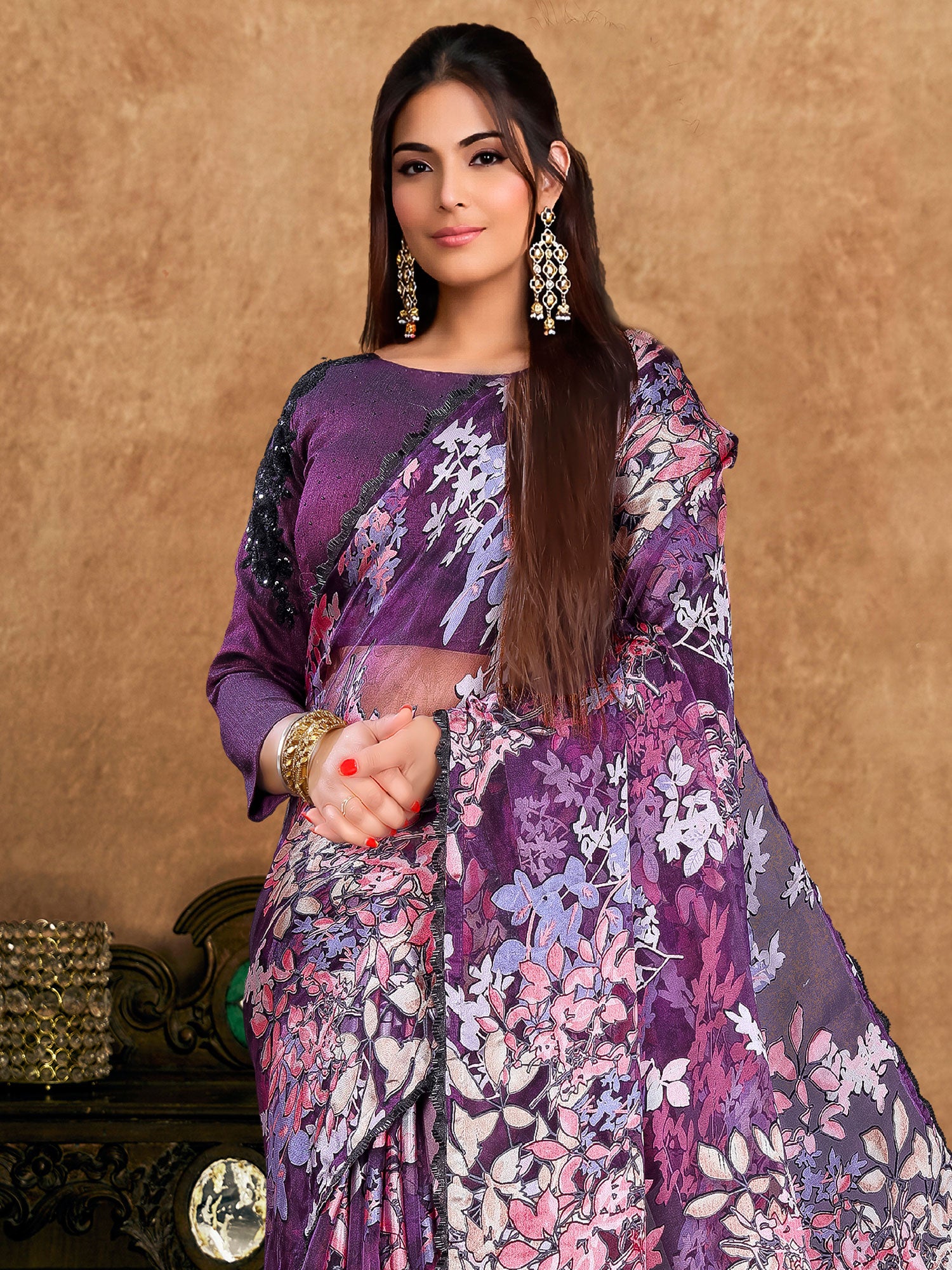Purple Floral Printed Party Saree With Blouse