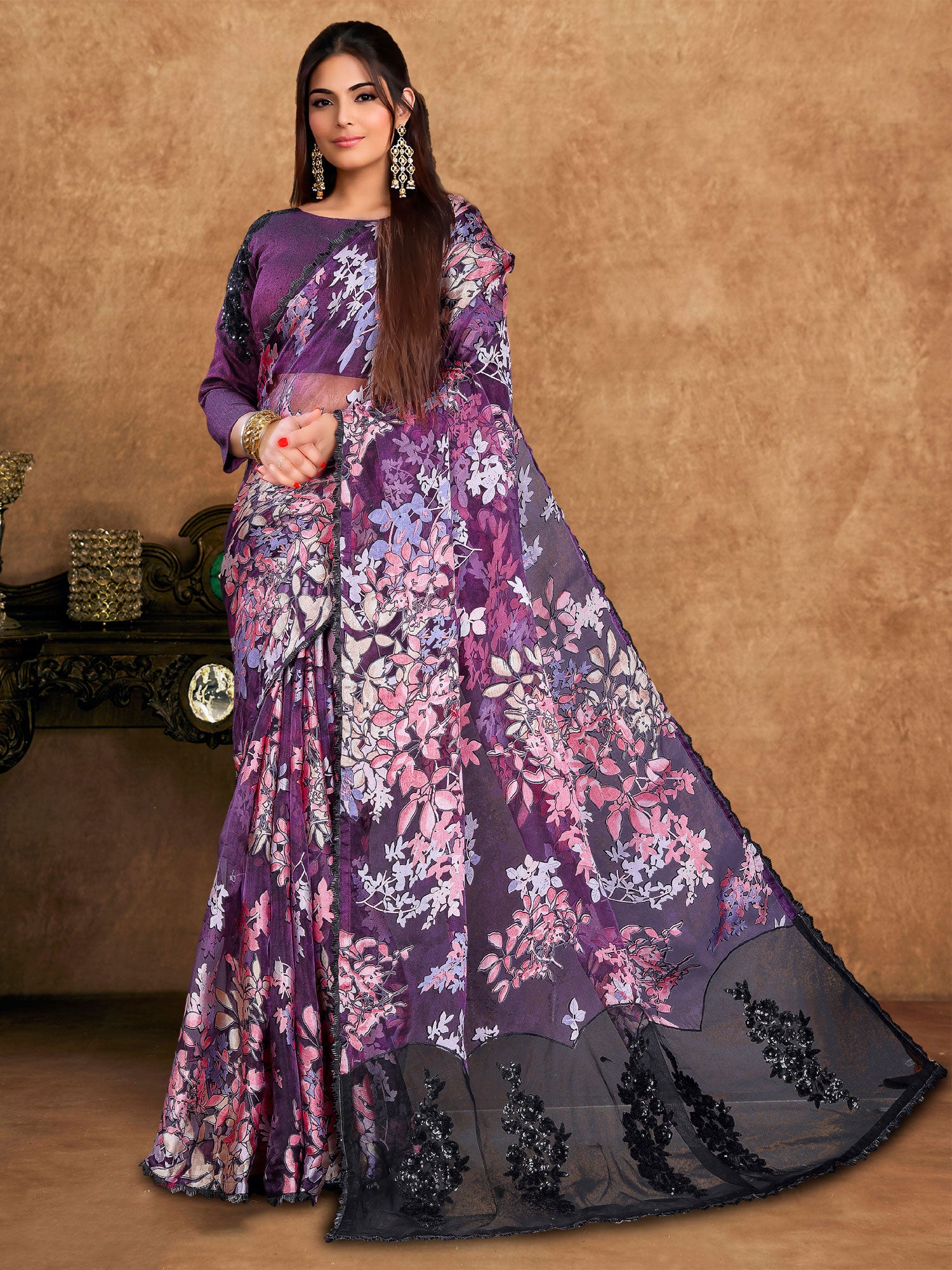 Purple Floral Printed Party Saree With Blouse