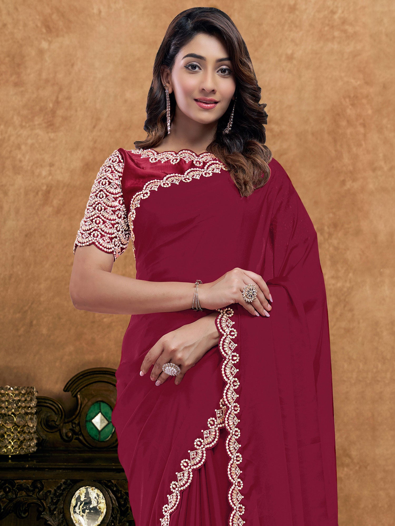 Red Bridesmaid Saree With Hand Work Borders