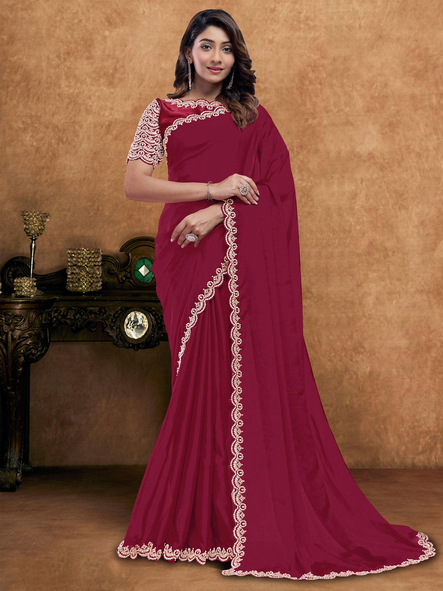 Red Bridesmaid Saree With Hand Work Borders