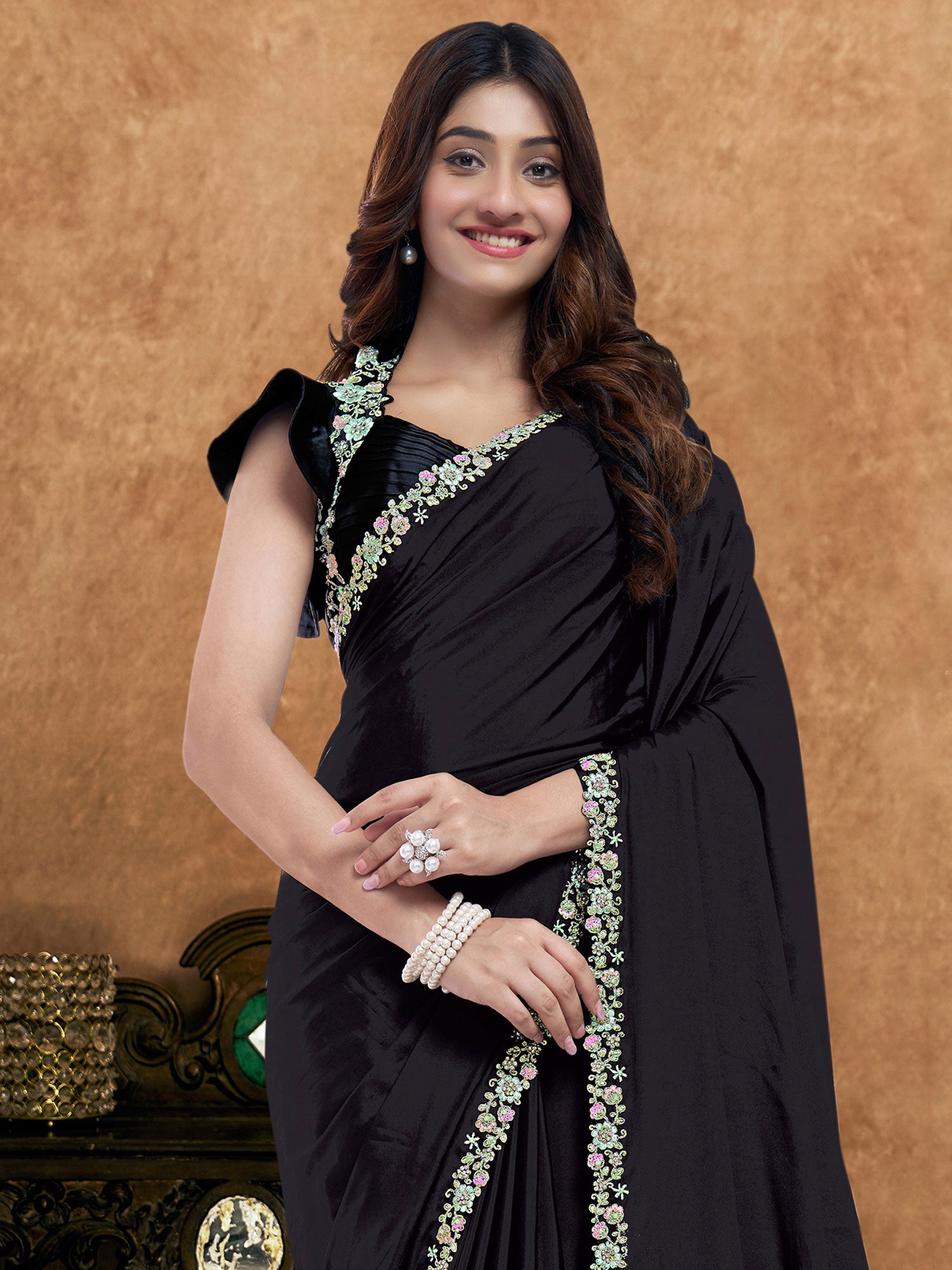 Black Floral Hand Work Embellished Cocktail Saree