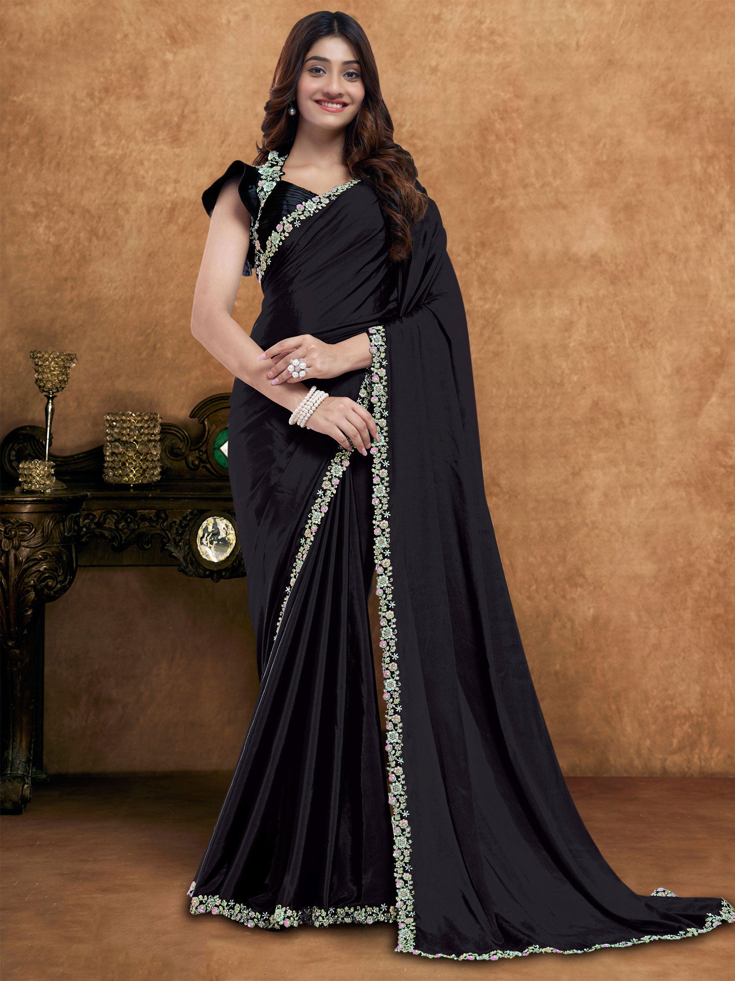 Black Floral Hand Work Embellished Cocktail Saree