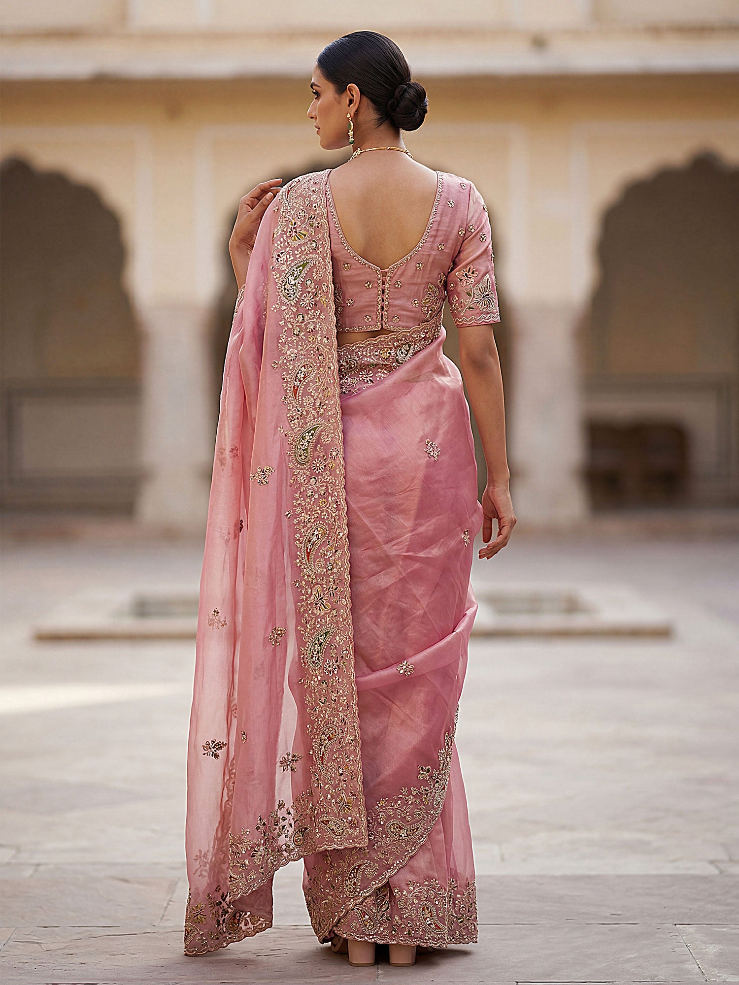 Pink Heavy Stone Embroidered Saree In Silk