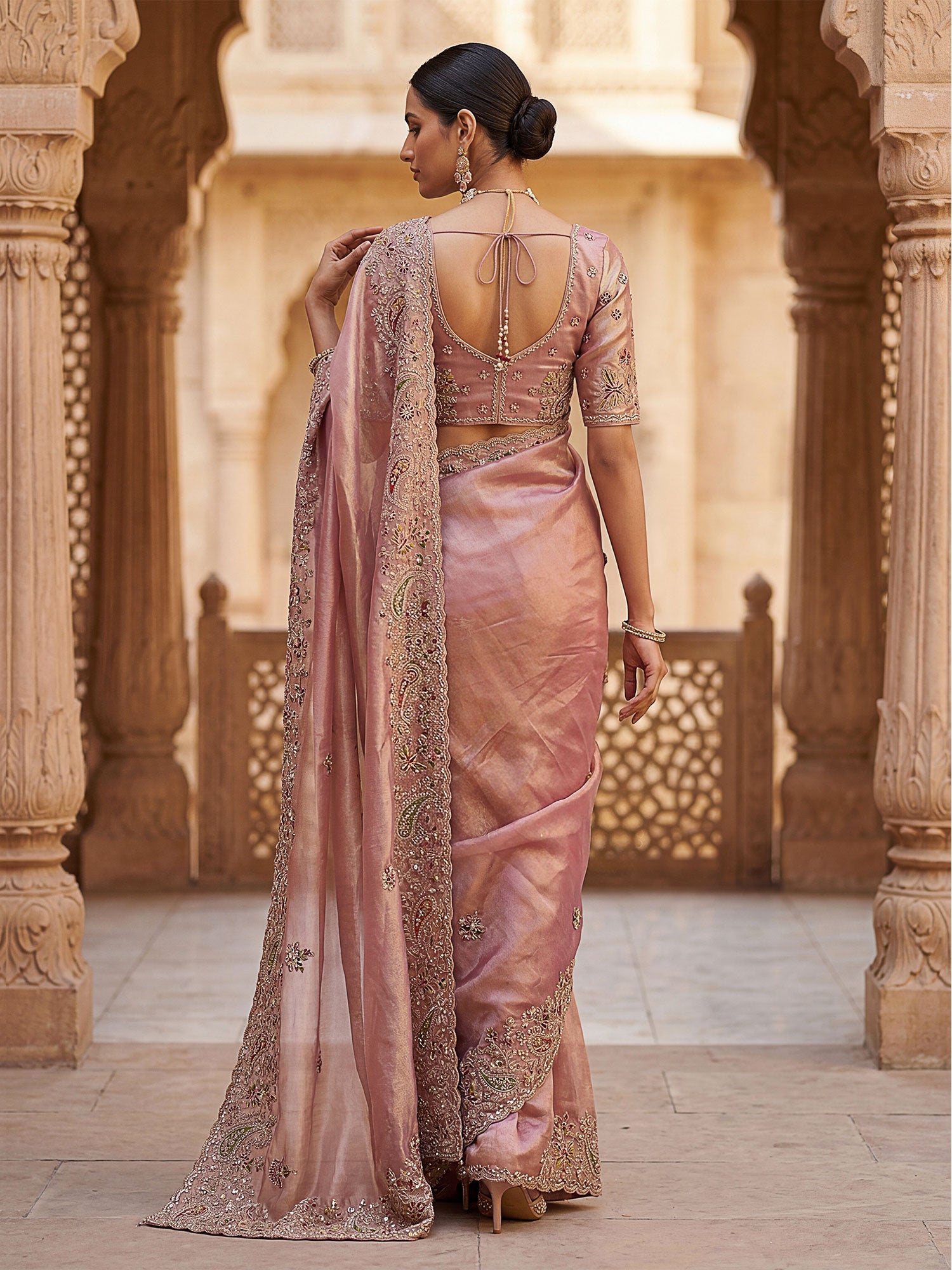 Dusty Pink Bridesmaid Saree In Zari Work