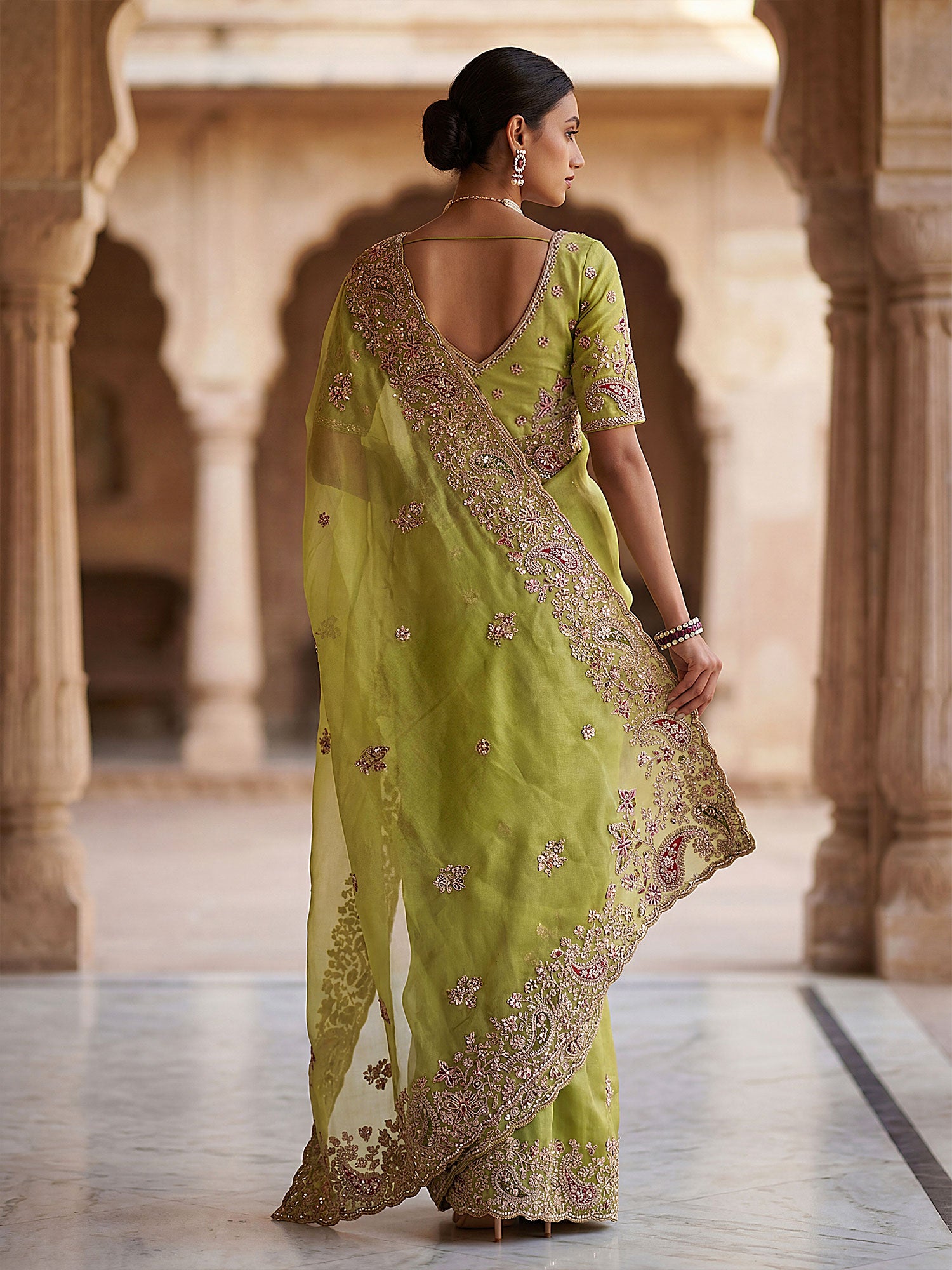Green Zari Work Party Saree With Heavy Borders