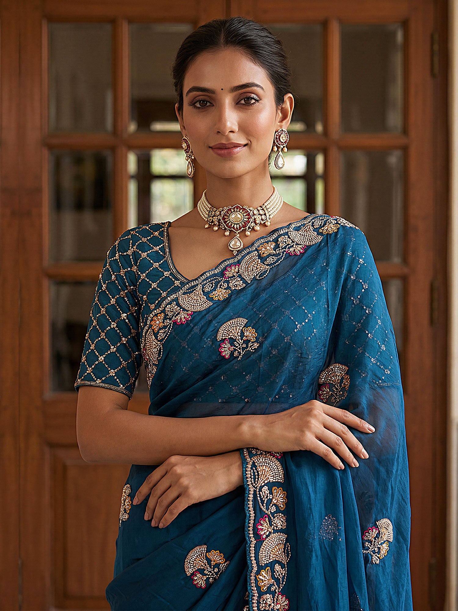 Blue Hand Work Embroidered Party Saree