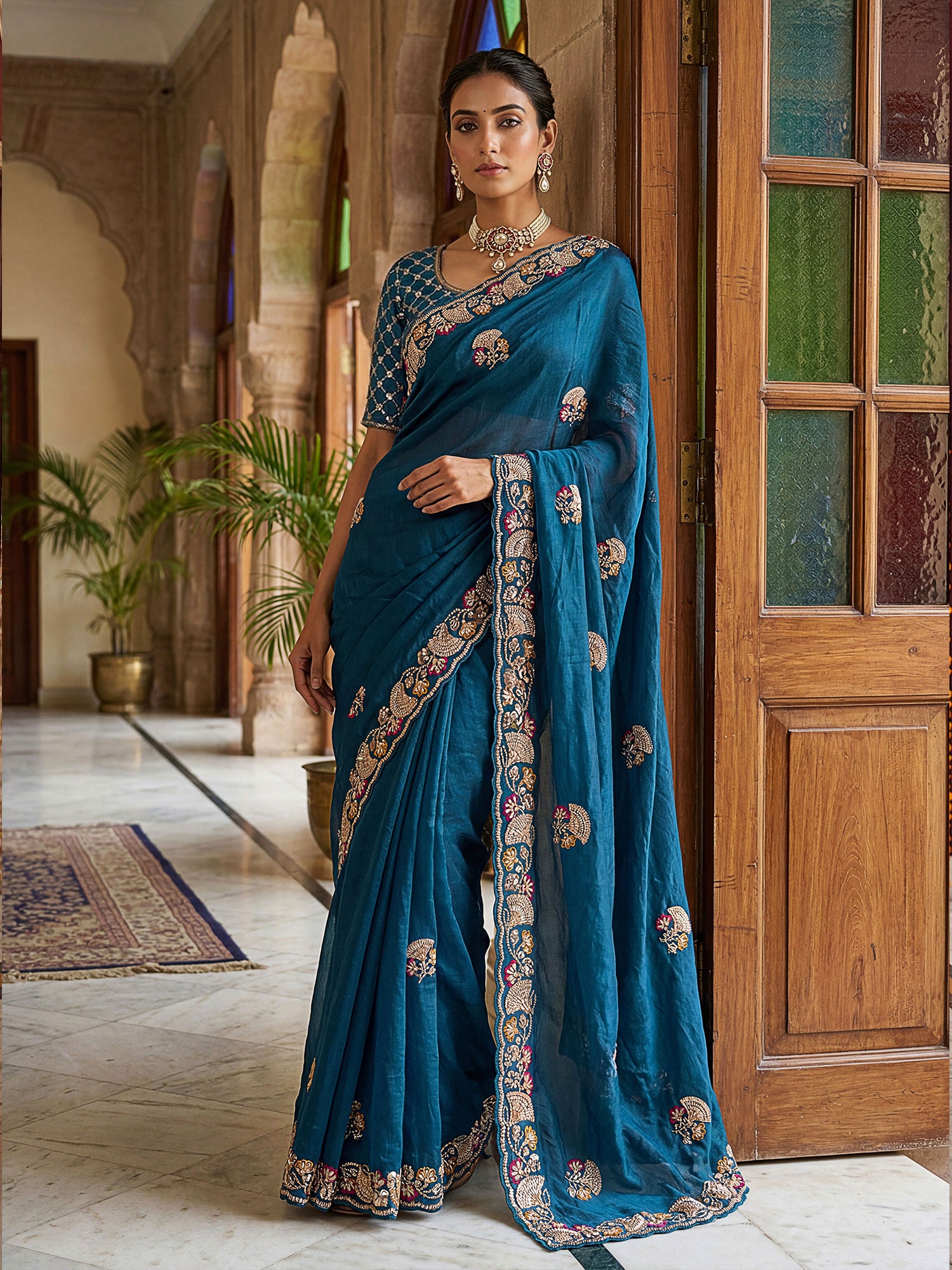 Blue Hand Work Embroidered Party Saree