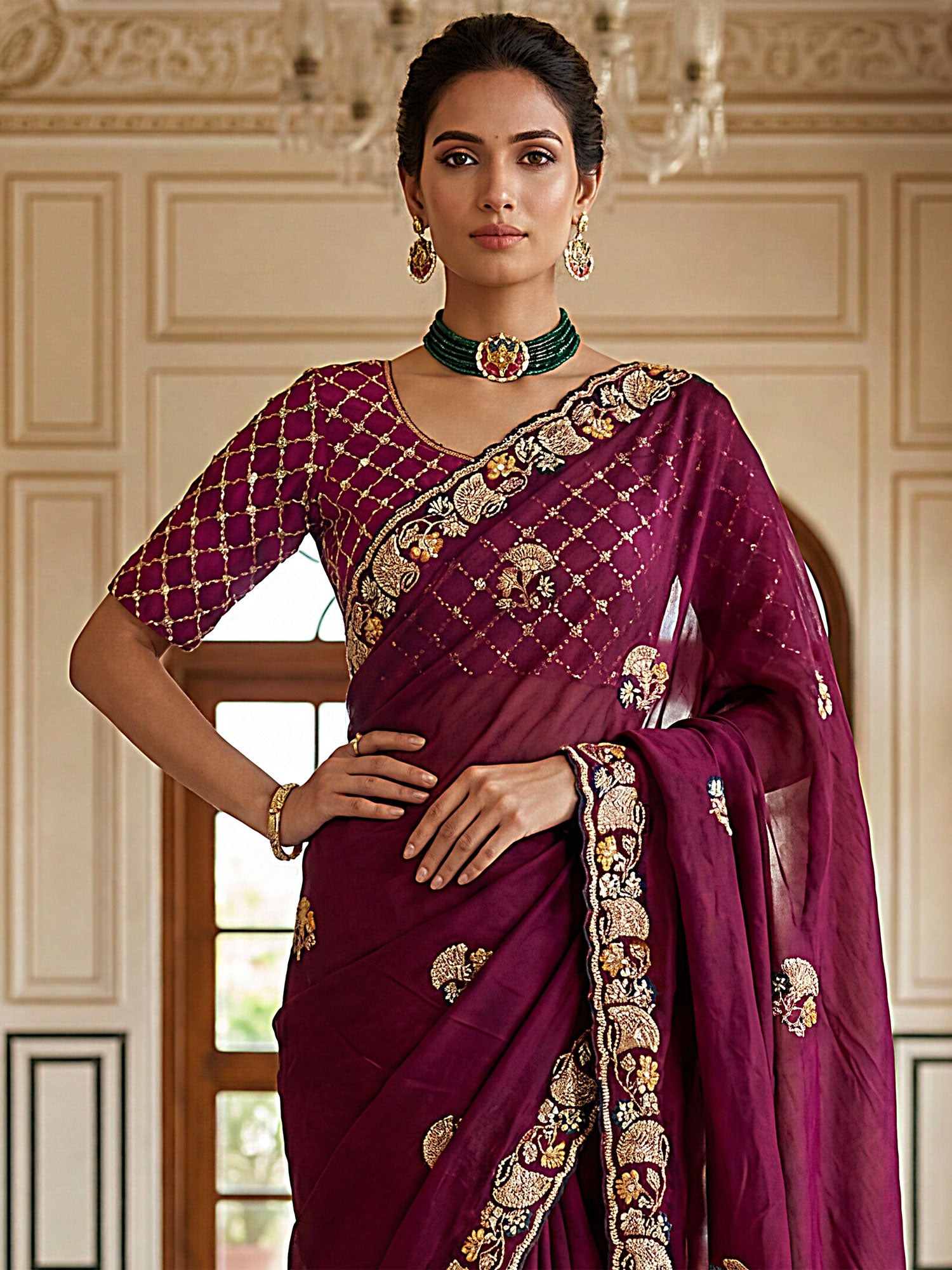 Wine Wedding Chinon Silk Saree In Sequins Work