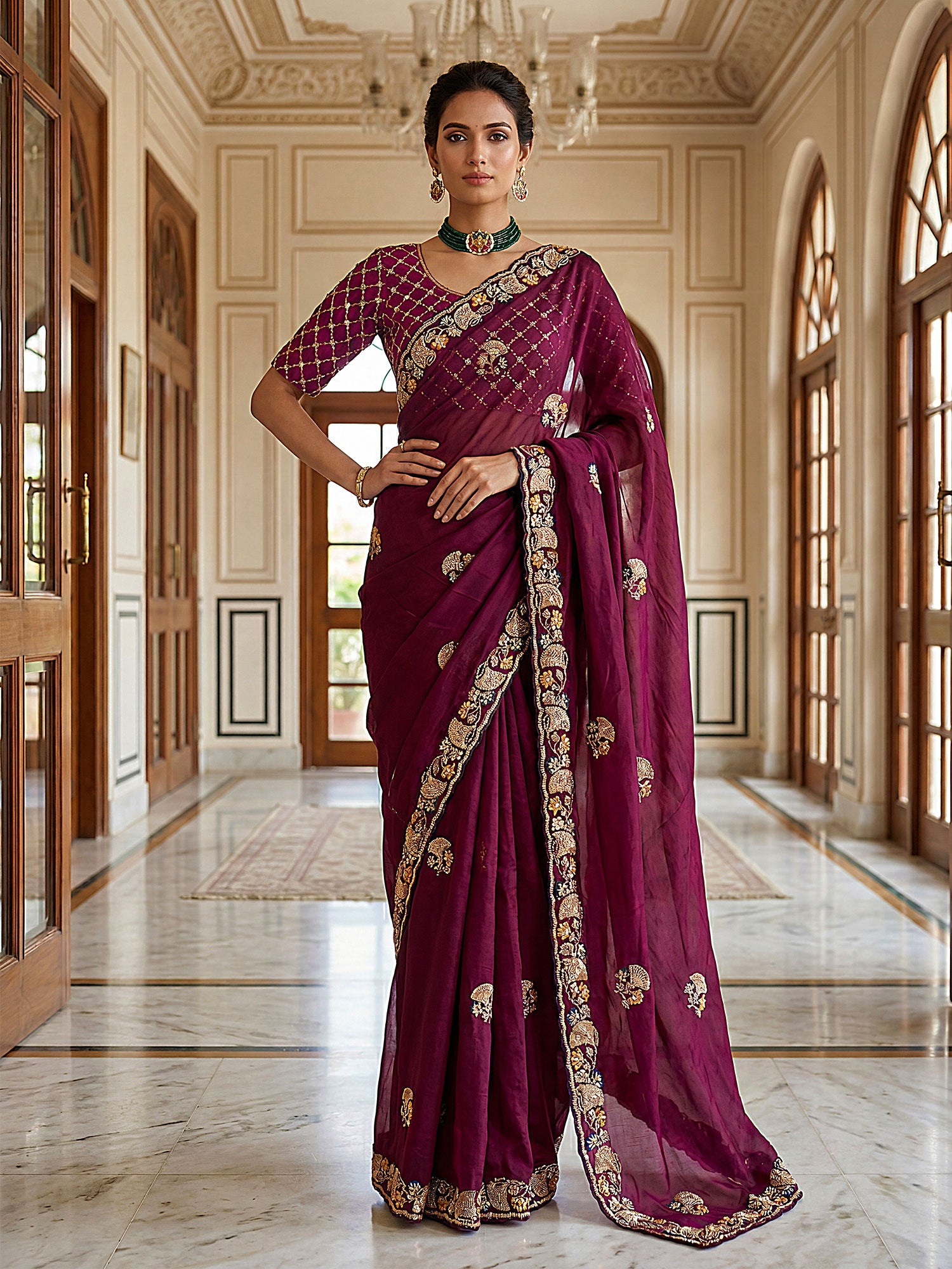 Wine Wedding Chinon Silk Saree In Sequins Work