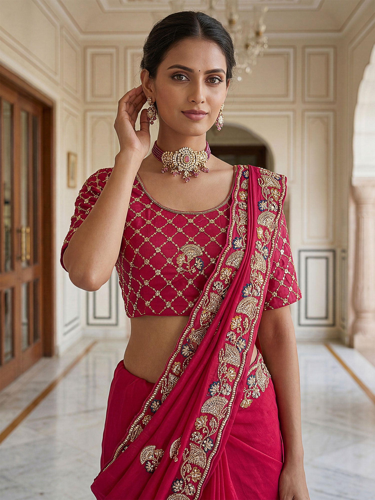 Pink Bridesmaid Saree With Hand Work Embellishment